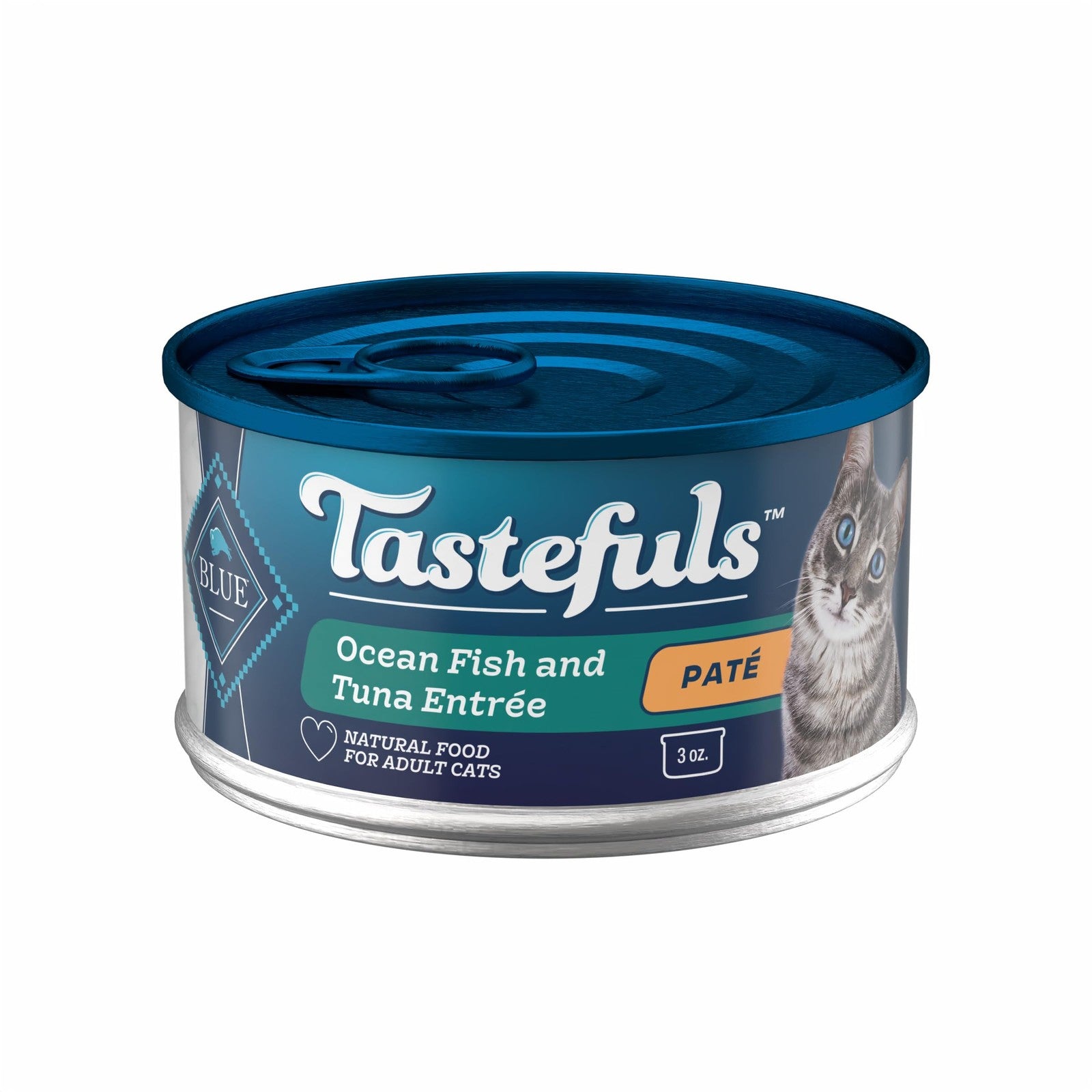 Blue Buffalo Tastefuls wet cat food pate featuring natural ingredients in a blue and white can with a cat bowl and food.
