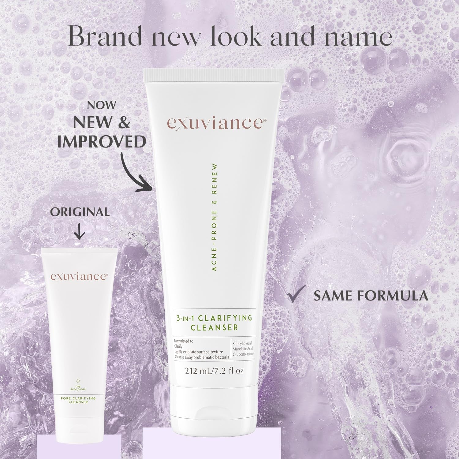 EXUVIANCE 3-in-1 Clarifying Anti-Aging Cleanser for acne-prone skin with salicylic acid, showing a clear bottle with cleanser and foam.