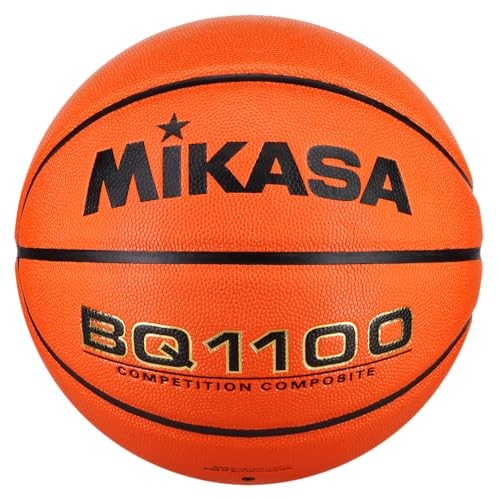 Official Mikasa BQ1100 competition basketball in orange, size 7, with textured surface for improved grip and control.