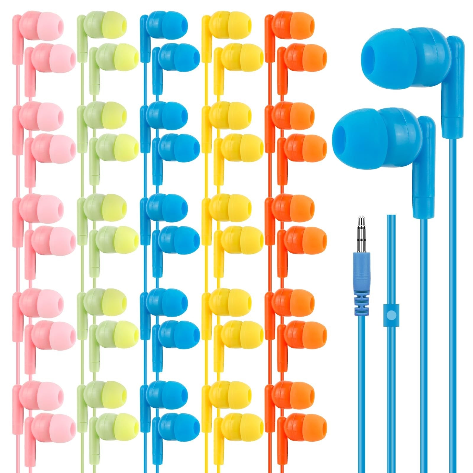 CNSZSLZ 100-pack bulk earbud headphones for students, showing black in-ear earphones with inline microphone and wired design.