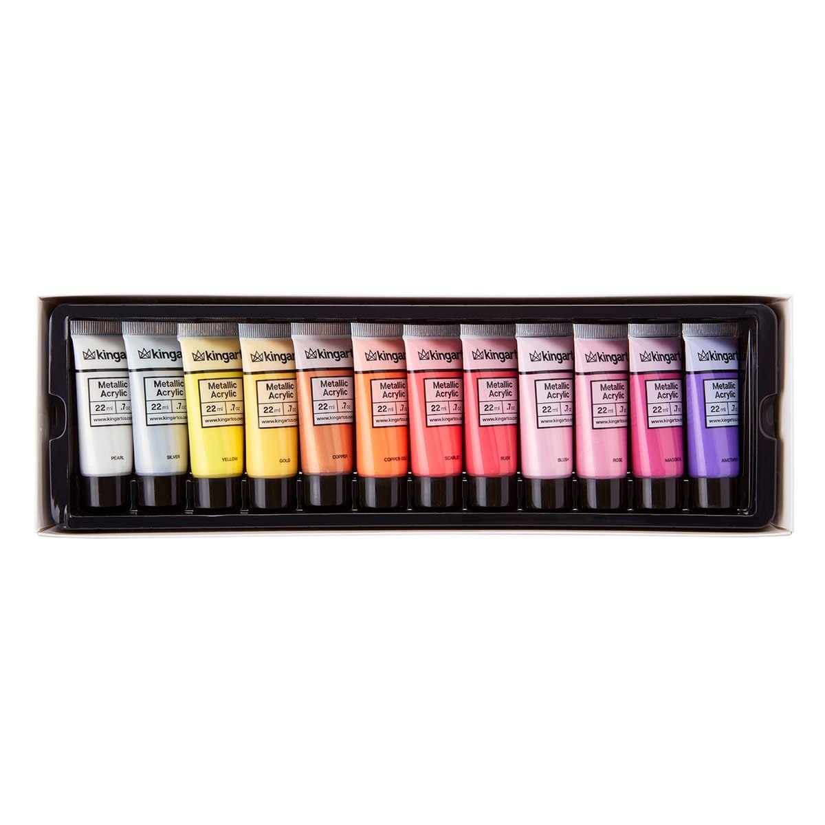 KINGART metallic acrylic paint set with 24 color tubes, 0.74 oz each, displayed alongside storage container.