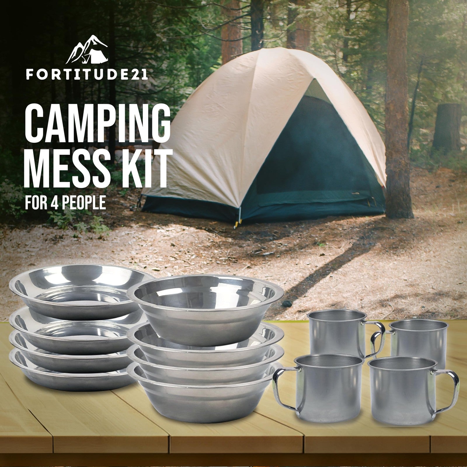 Fortitude21 4-person camping mess kit with utensils and picnic set, including plates, cups, and cookware for outdoor dining.