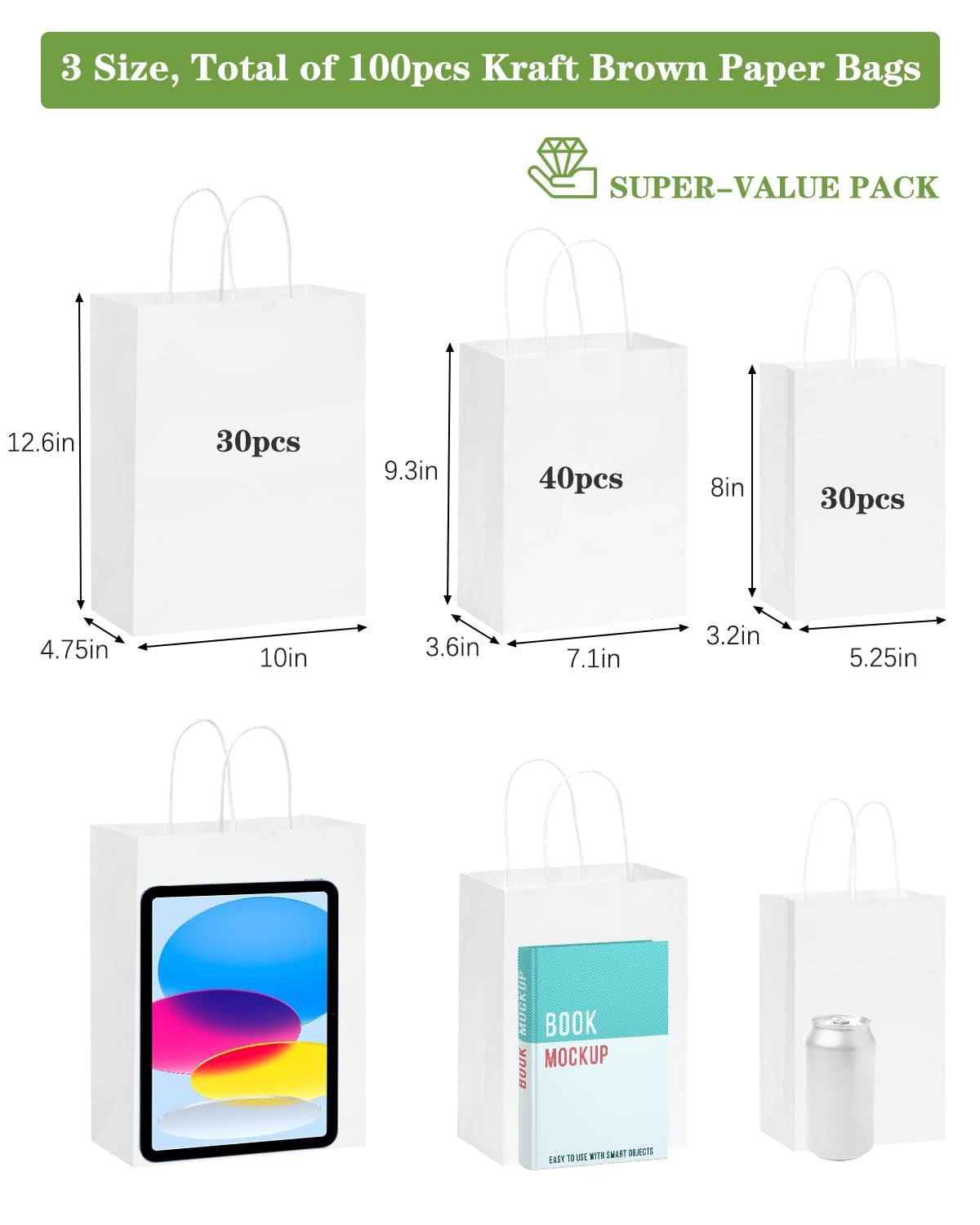 OUTUXED 100 white kraft paper gift bags with handles in three sizes, ideal for retail, parties, and gift packaging.