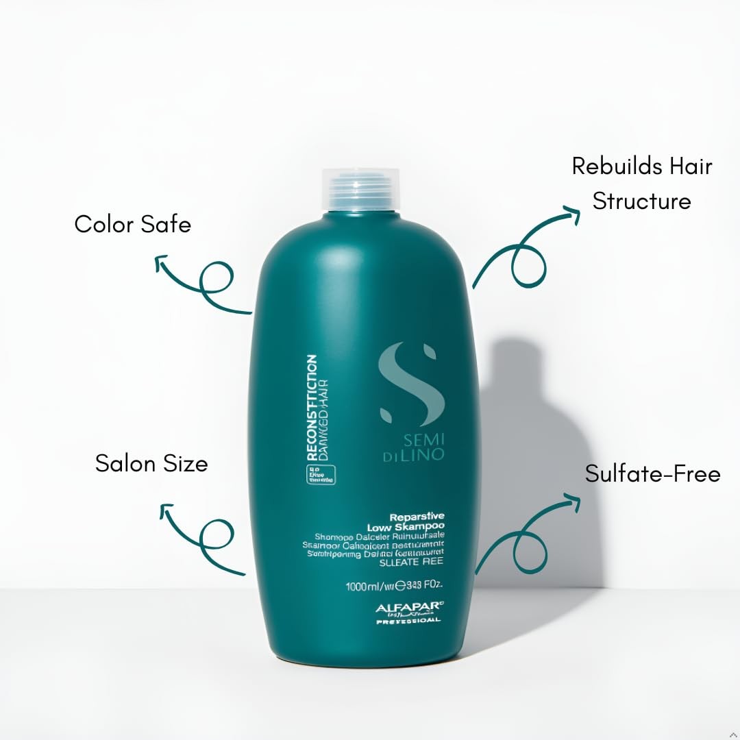 ALFAPARF MILANO Semi di Lino Reconstruction Reparative sulfate-free shampoo in a white bottle with a pump dispenser.