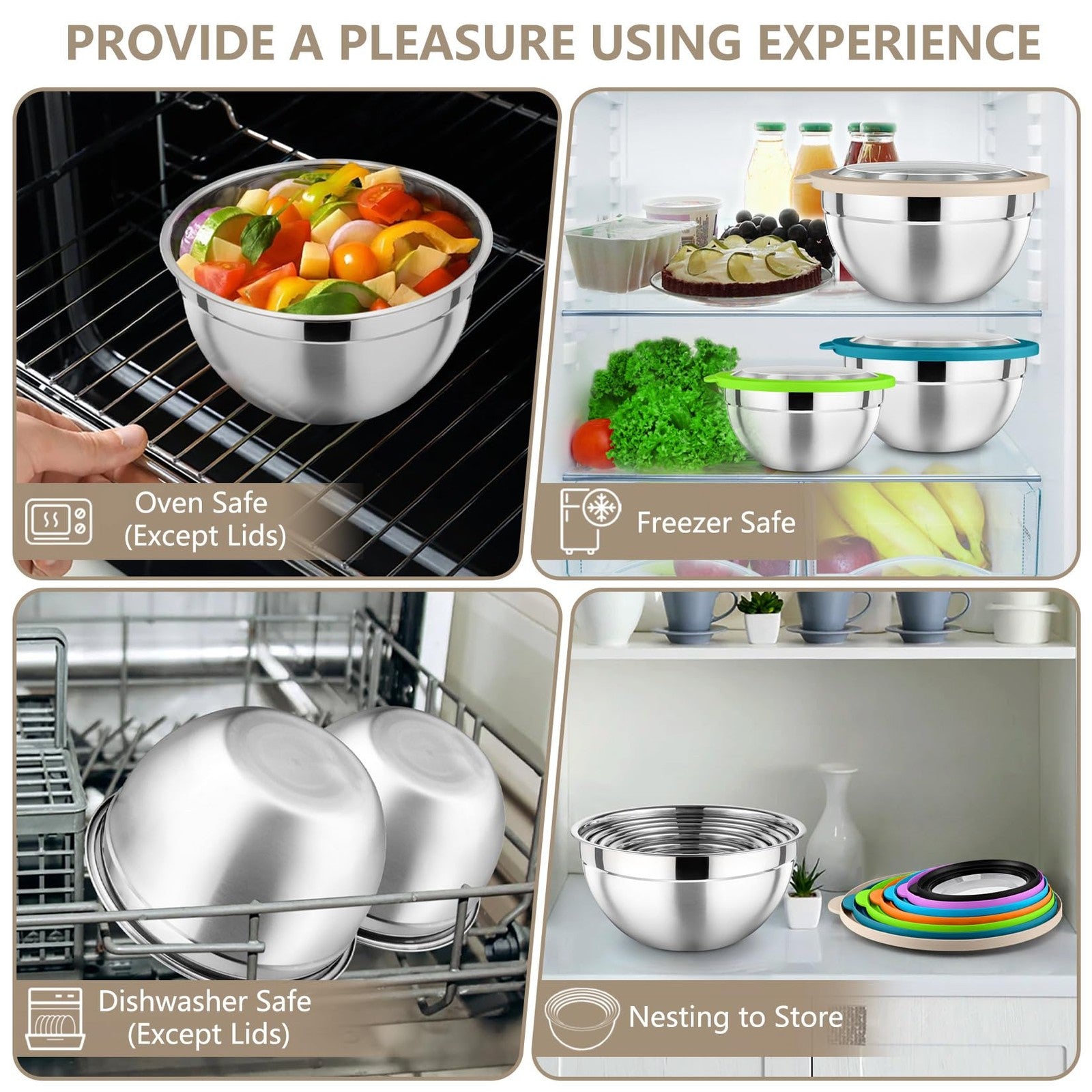 Set of 7 stainless steel P&P CHEF mixing bowls with lids, nesting salad bowls for kitchen prep and serving.