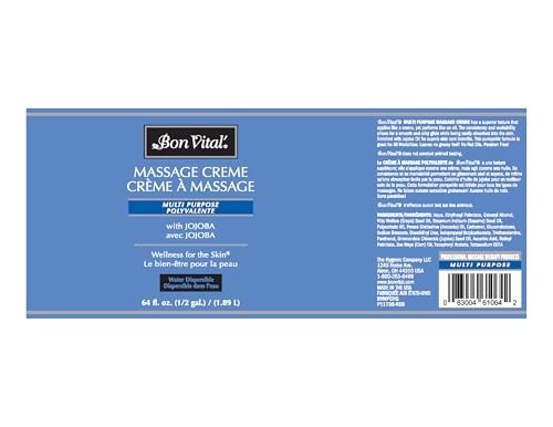 Bon Vital' Multi-Purpose Massage Crème with aloe vera, showing a smooth, white massage cream spread on a therapist's hand.