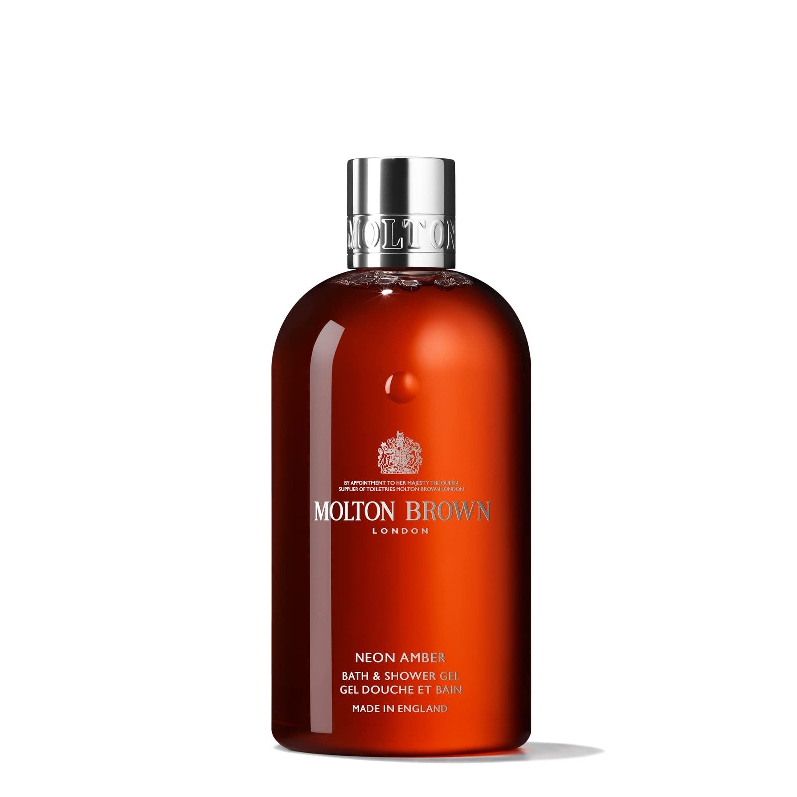 Molton Brown Neon Amber body wash in a 10 fl. oz. bottle, showcasing the sleek container and vibrant branding.
