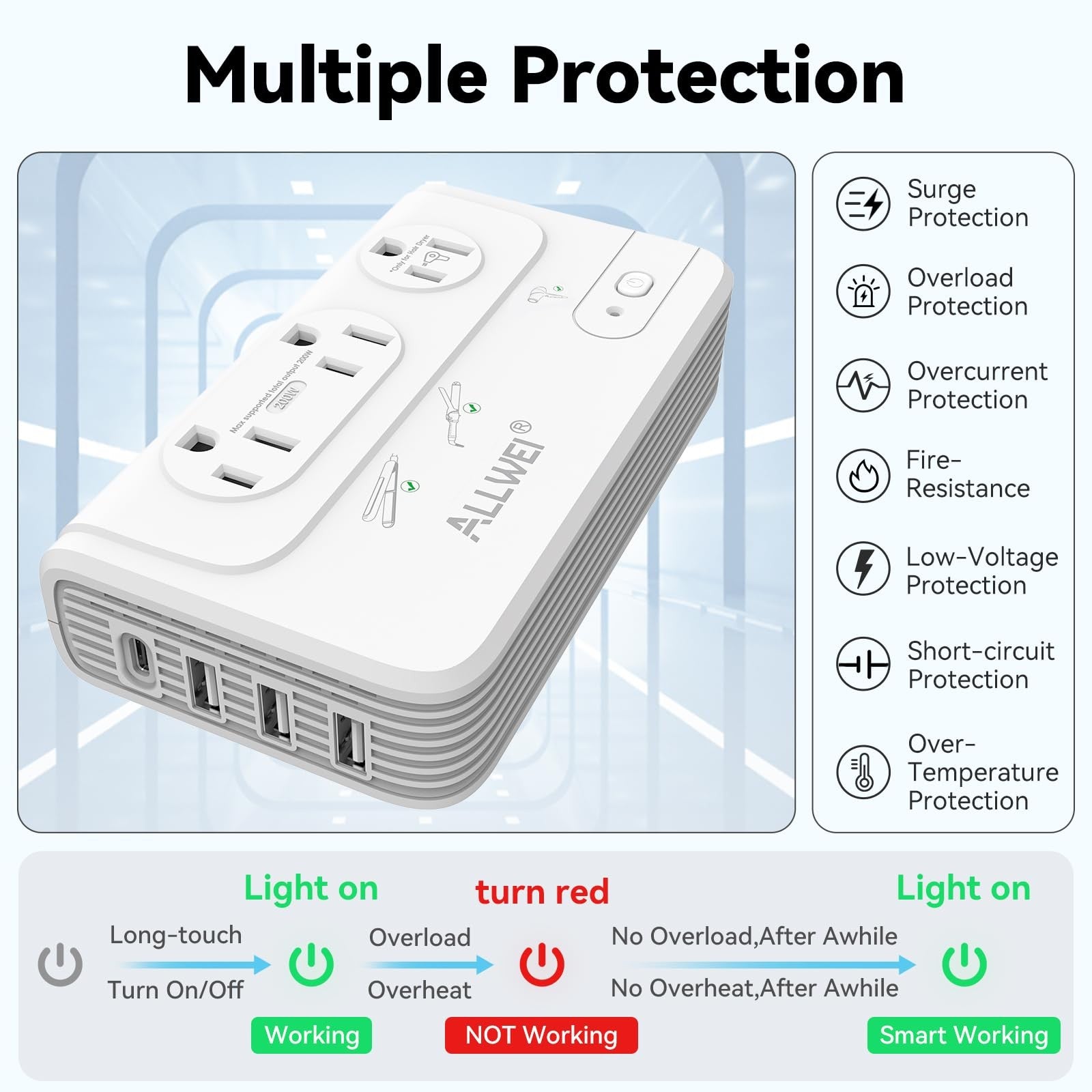 ALLWEI 2000W travel voltage converter for European travel, showing compact design with power switch and input/output ports.