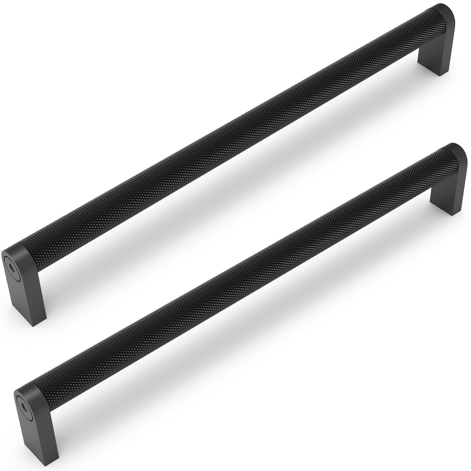 KOMOTIA 6-pack matte black knurled cabinet pulls with 11.3-inch hole centers, kitchen handles with textured grip design.