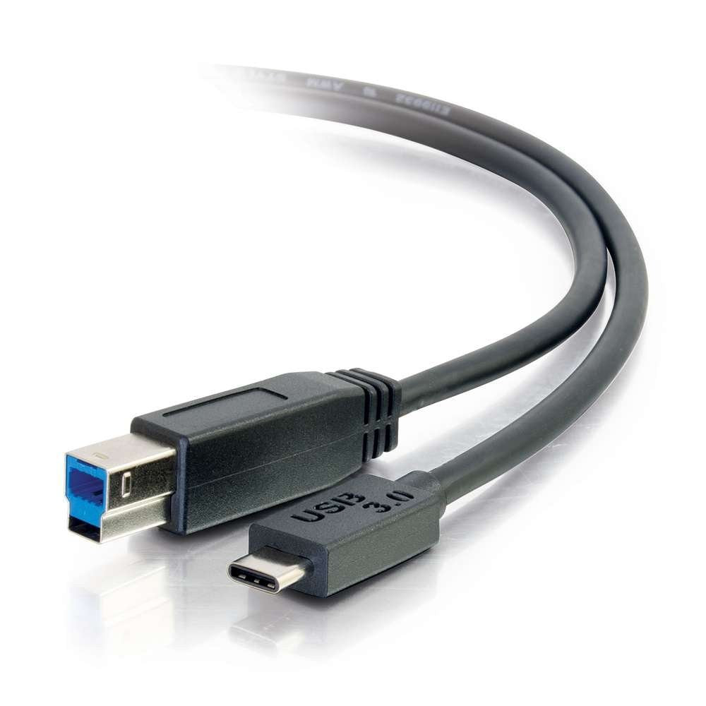 C2G 28867 USB 3.0 USB-C to USB-B cable, 10ft, for Thunderbolt 3, Chromebook, Galaxy devices, showing cable connectors and length