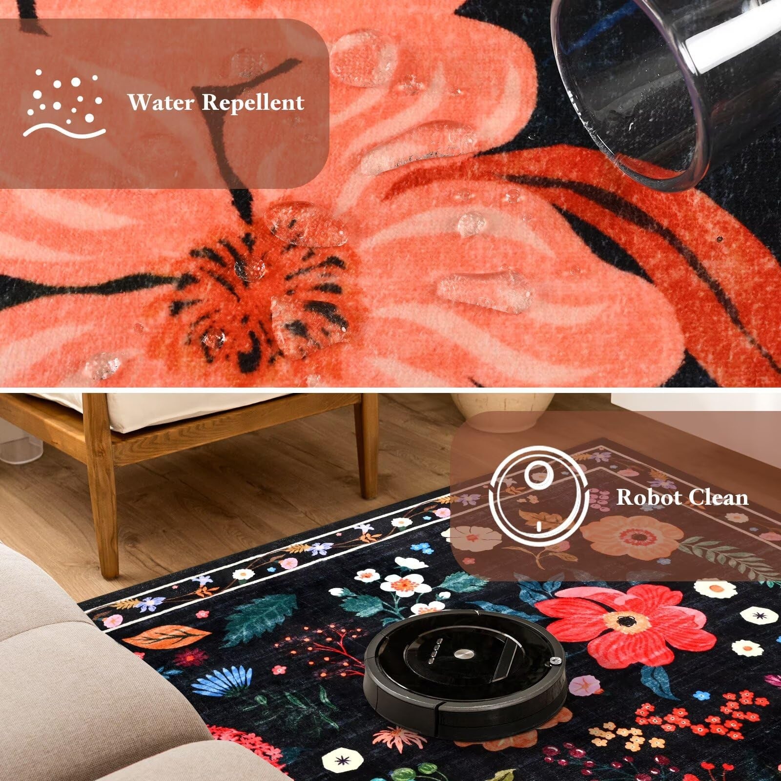 Macgace black floral 4x6 machine washable area rug featuring colorful flower patterns for girls' bedroom decor.