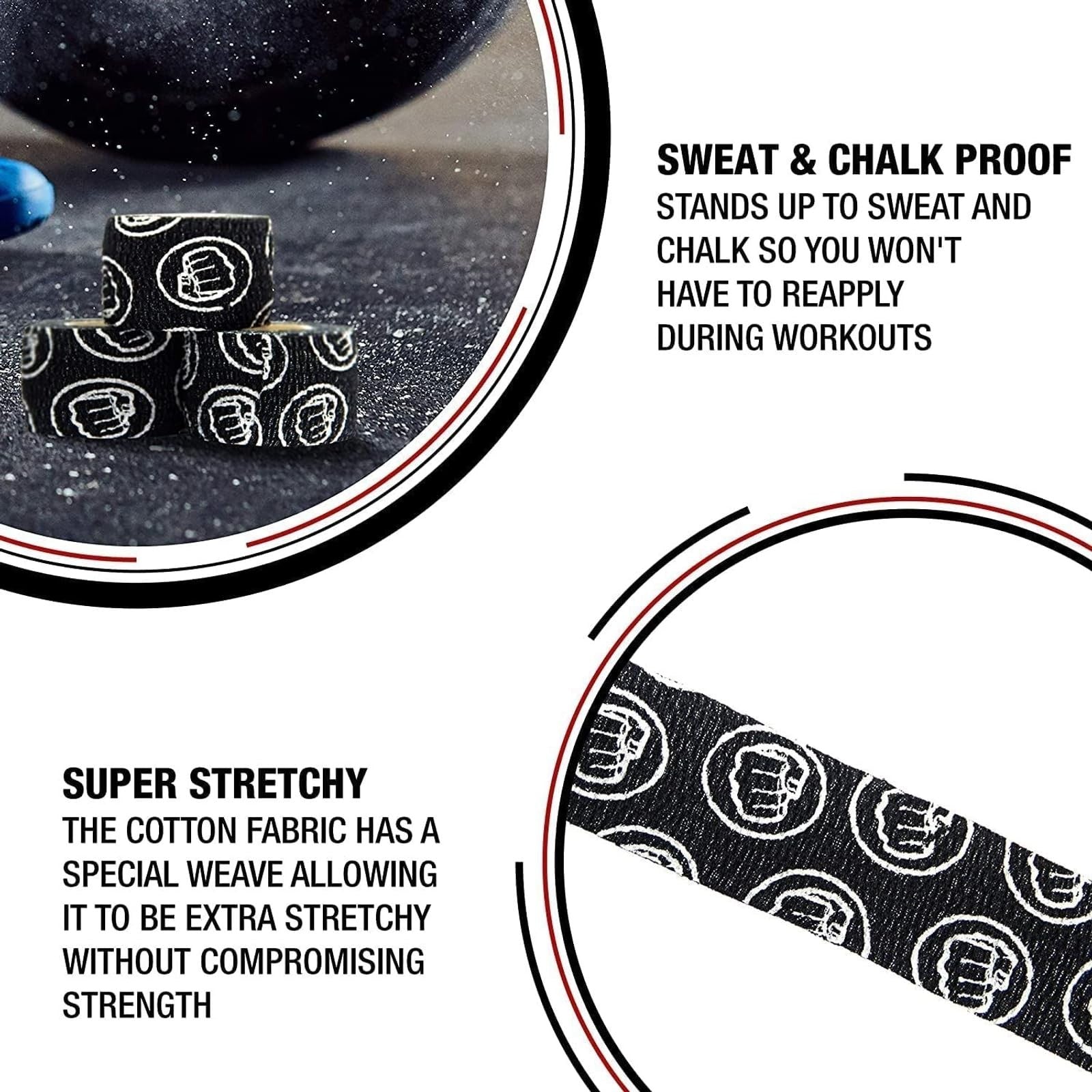 Flexible fabric weightlifting hook grip athletic tape with thumb finger support, designed for secure thumb and finger grip during lifts.