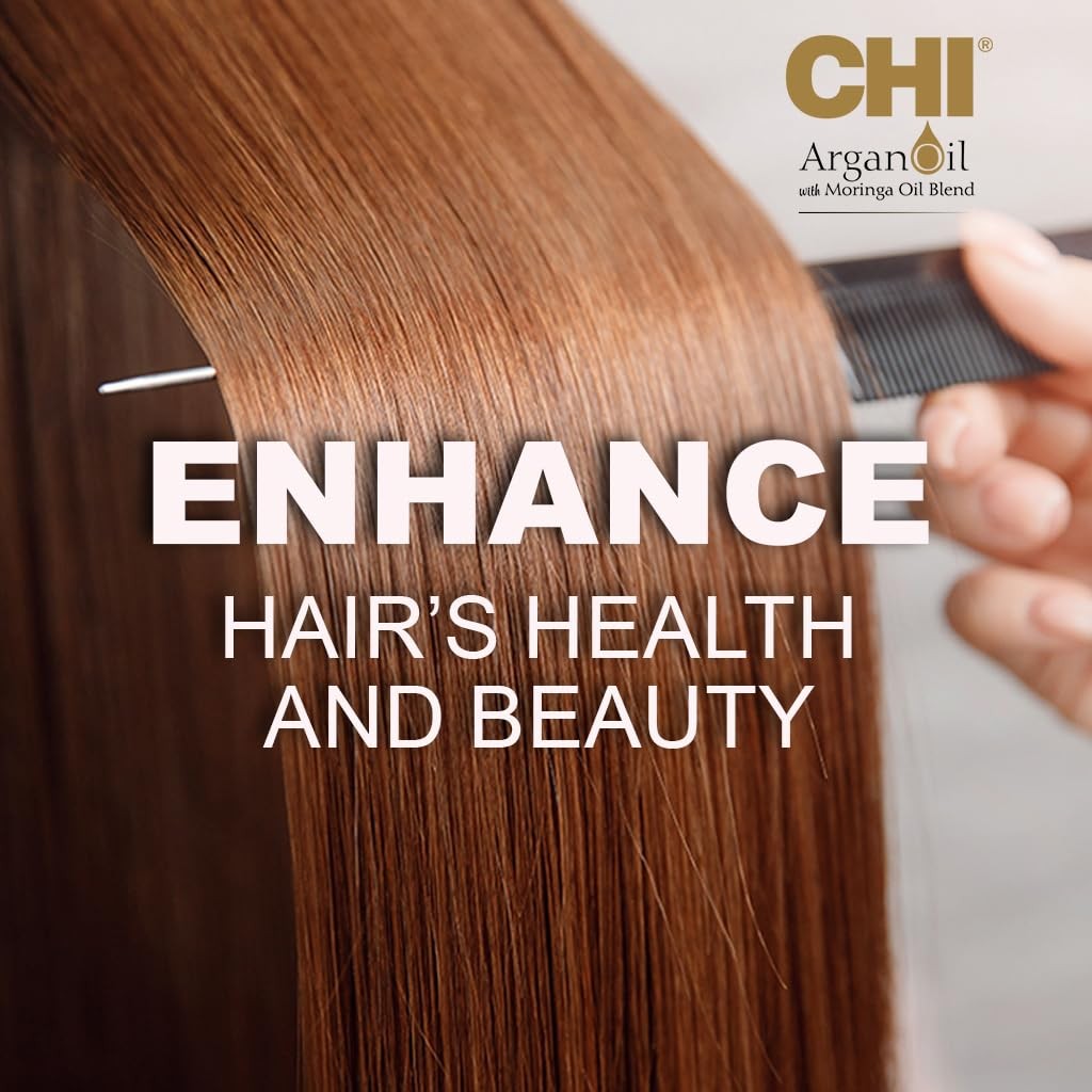 CHI Argan Oil and Moringa Oil Luxe Trio Kit with shampoo, conditioner, and moringa oil bottles on a white background.
