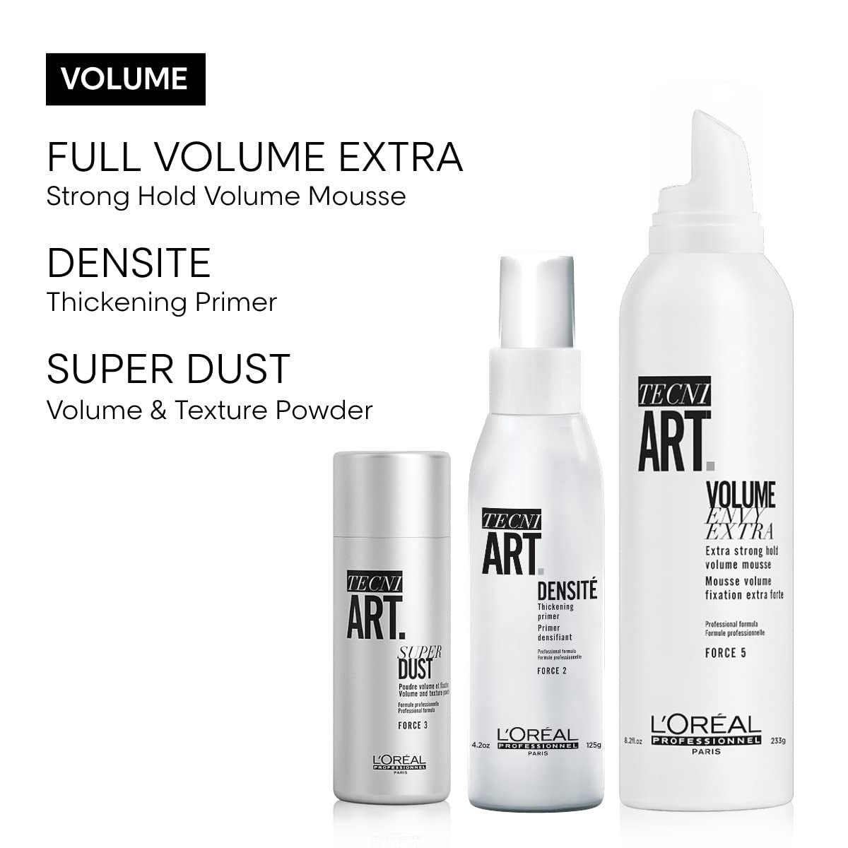 L'Oréal Professionnel Paris Volume Dust weightless powder for all hair types, shown in a container with hair styling application