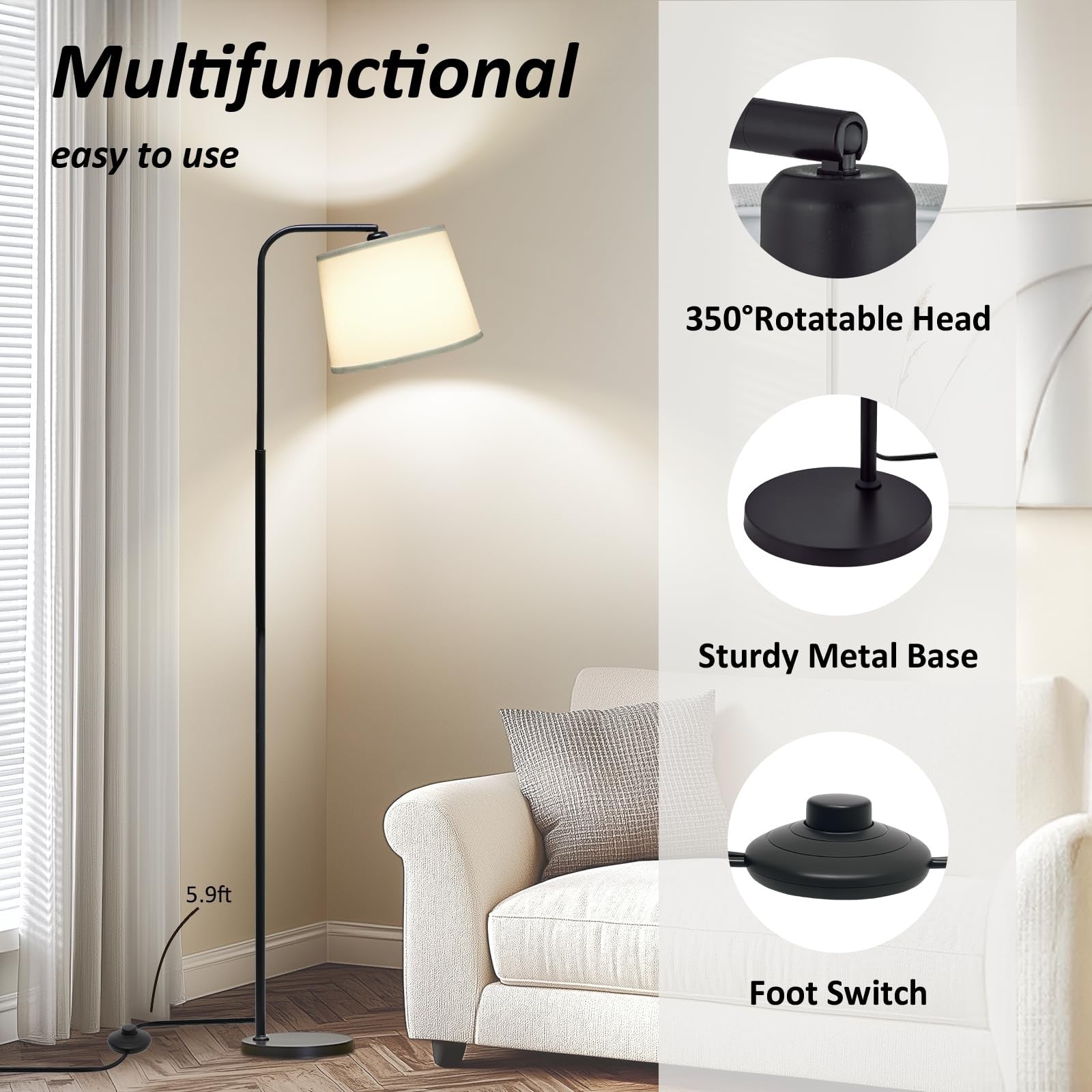 AKASUKI floor lamp for living room with three color temperatures and foot switch, standing tall with modern design and adjustable lighting.