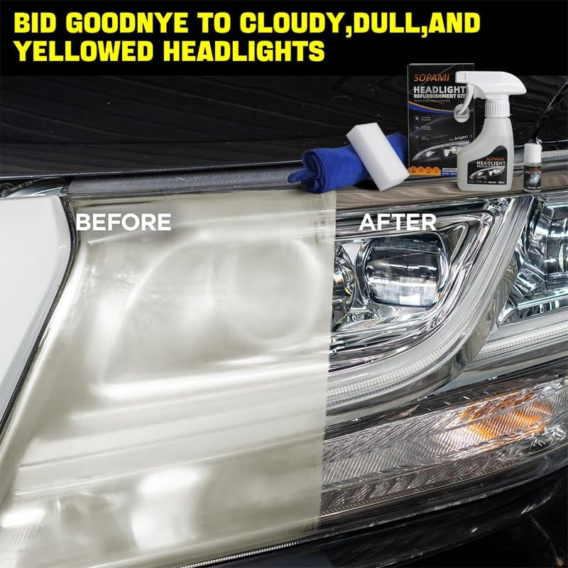SOPAMI headlight restoration kit with clear, restored headlamps showing improved brightness and clarity after cleaning.