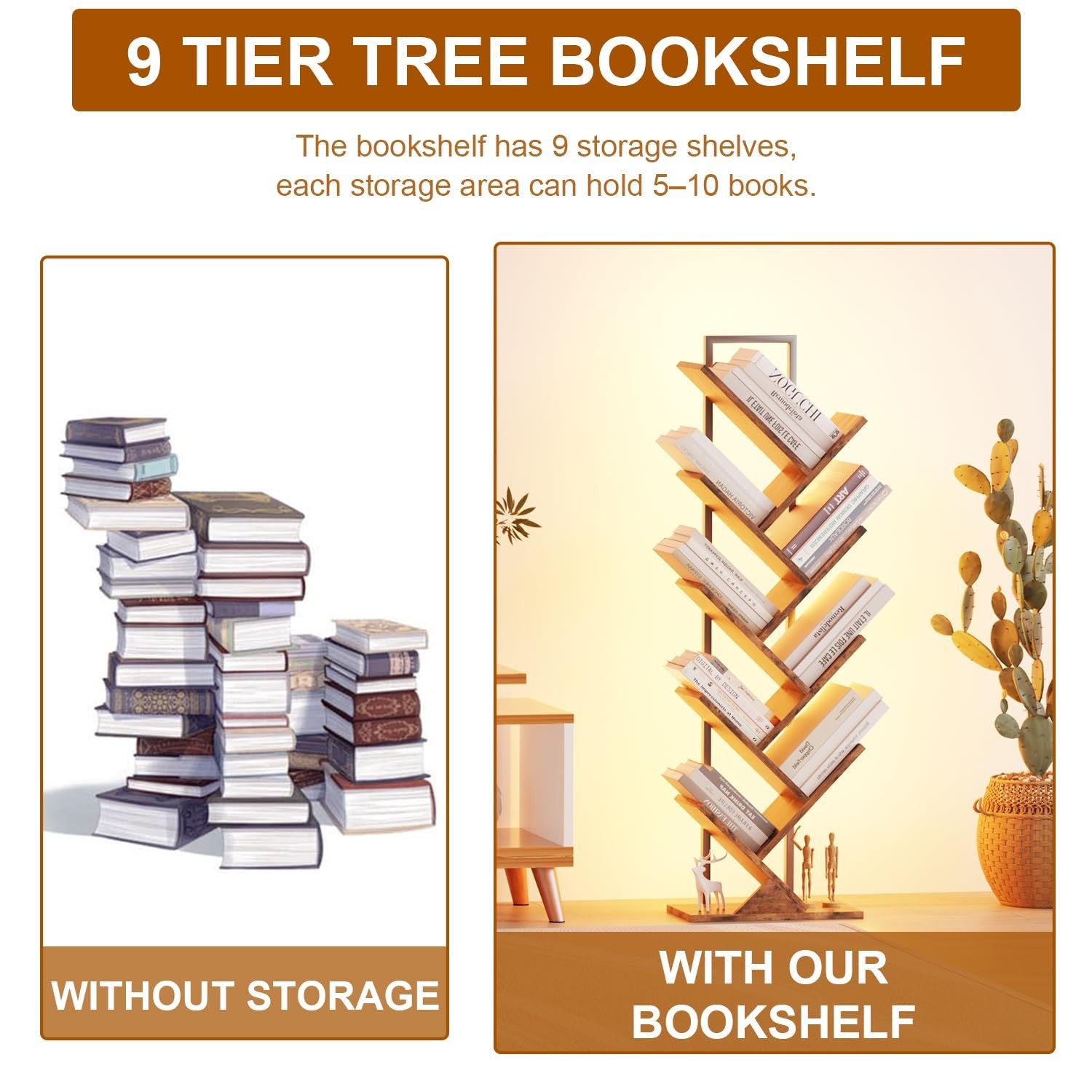 Qupui 9-tier floor-standing tree-shaped book shelf with LED lights, classical design for organized storage and decorative display.