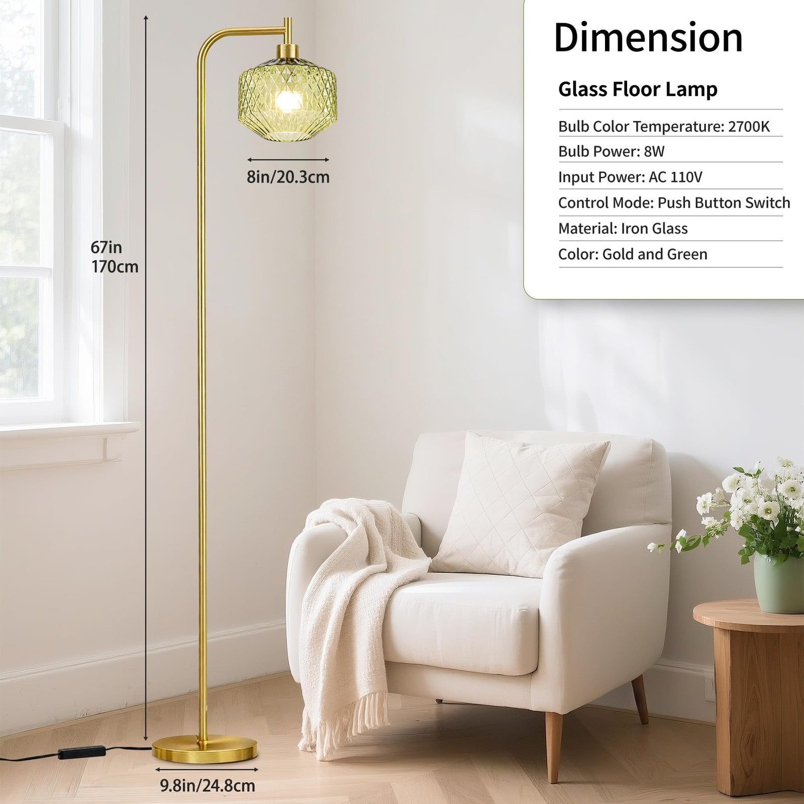 Emerald green ribbed glass Mayna mid-century modern floor lamp with a sleek standing design and minimalist base.