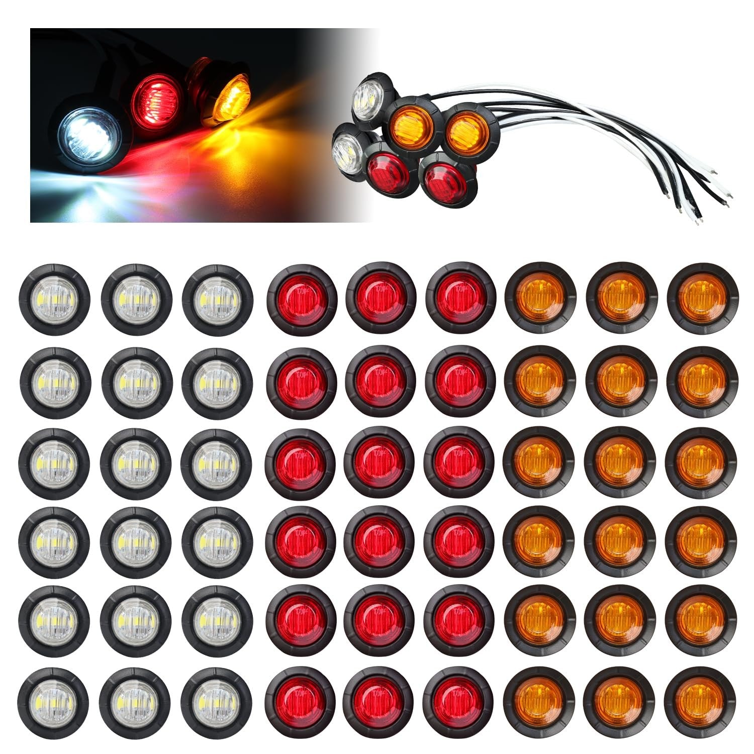 TMH 60-pack 3/4 inch LED clearance marker lights in amber, red, and white with 3-LED side indicators for vehicles.