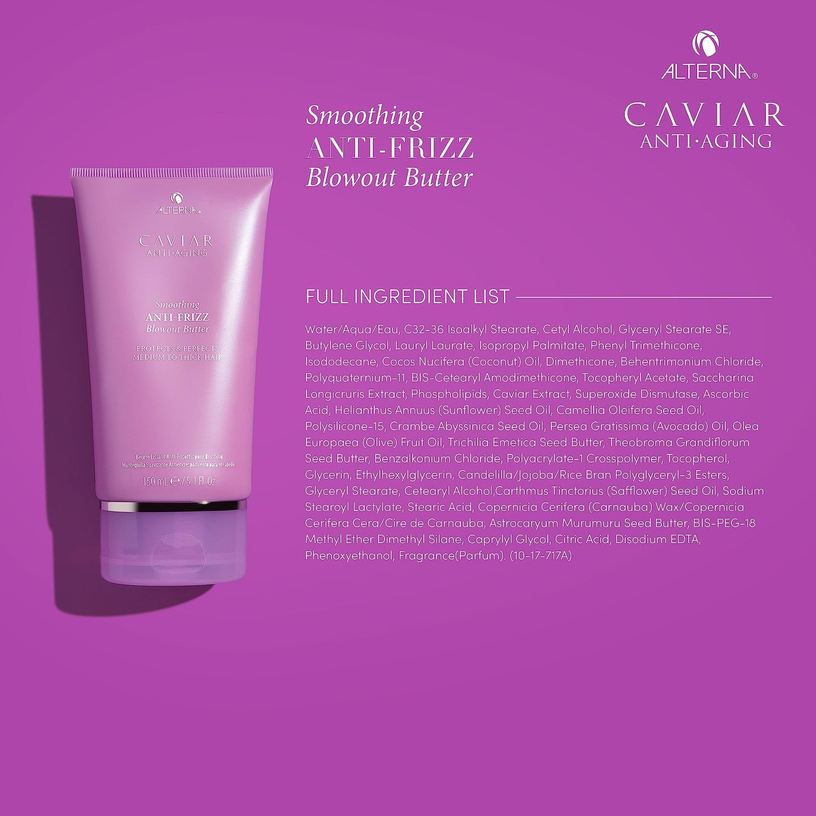 Alterna Caviar Anti-Aging Smoothing Anti-Frizz Blowout Butter jar with white lid, 5.07 fl oz, showing the product label and packaging