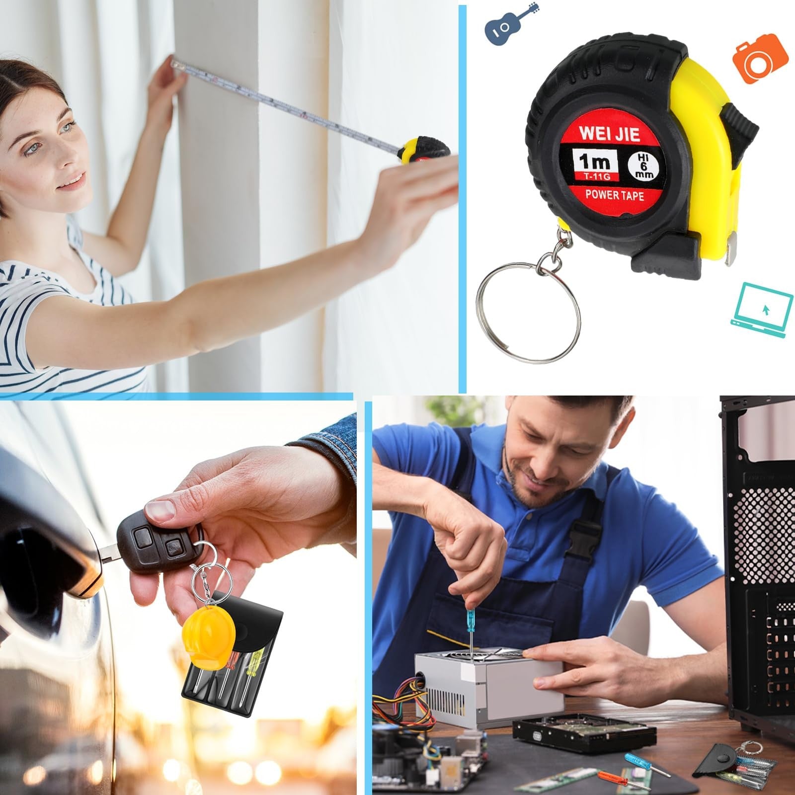 Set of 72 Jutom mini tape measure screwdrivers and construction helmet keychains in bulk, compact and practical for tools and accessories.