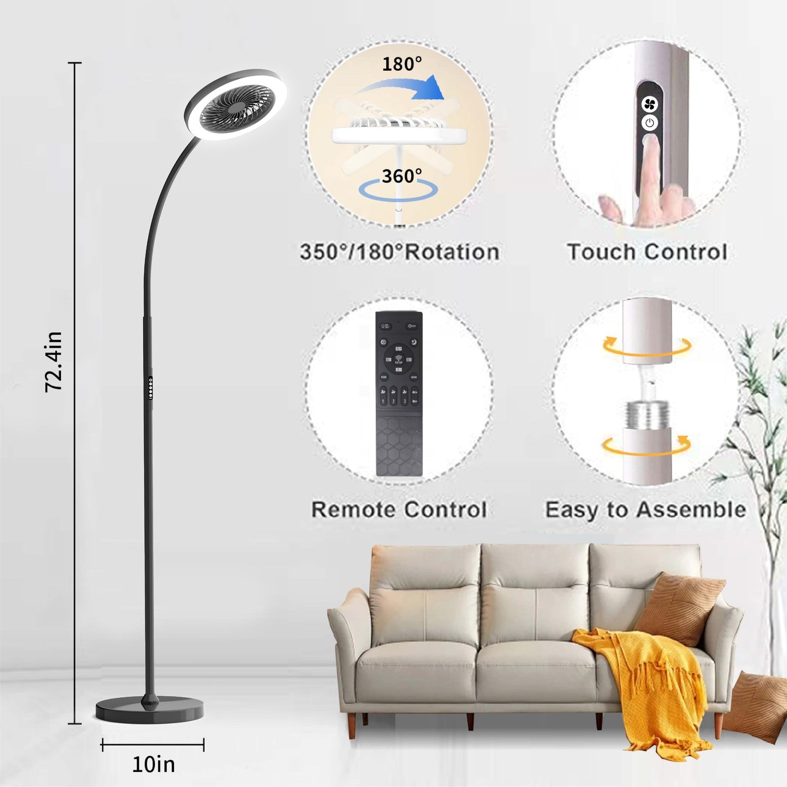 ONIDEK pedestal fan with RGB LED floor lamp, 18W, 1500 lumens, featuring 3-speed stand and modern design for bedroom use
