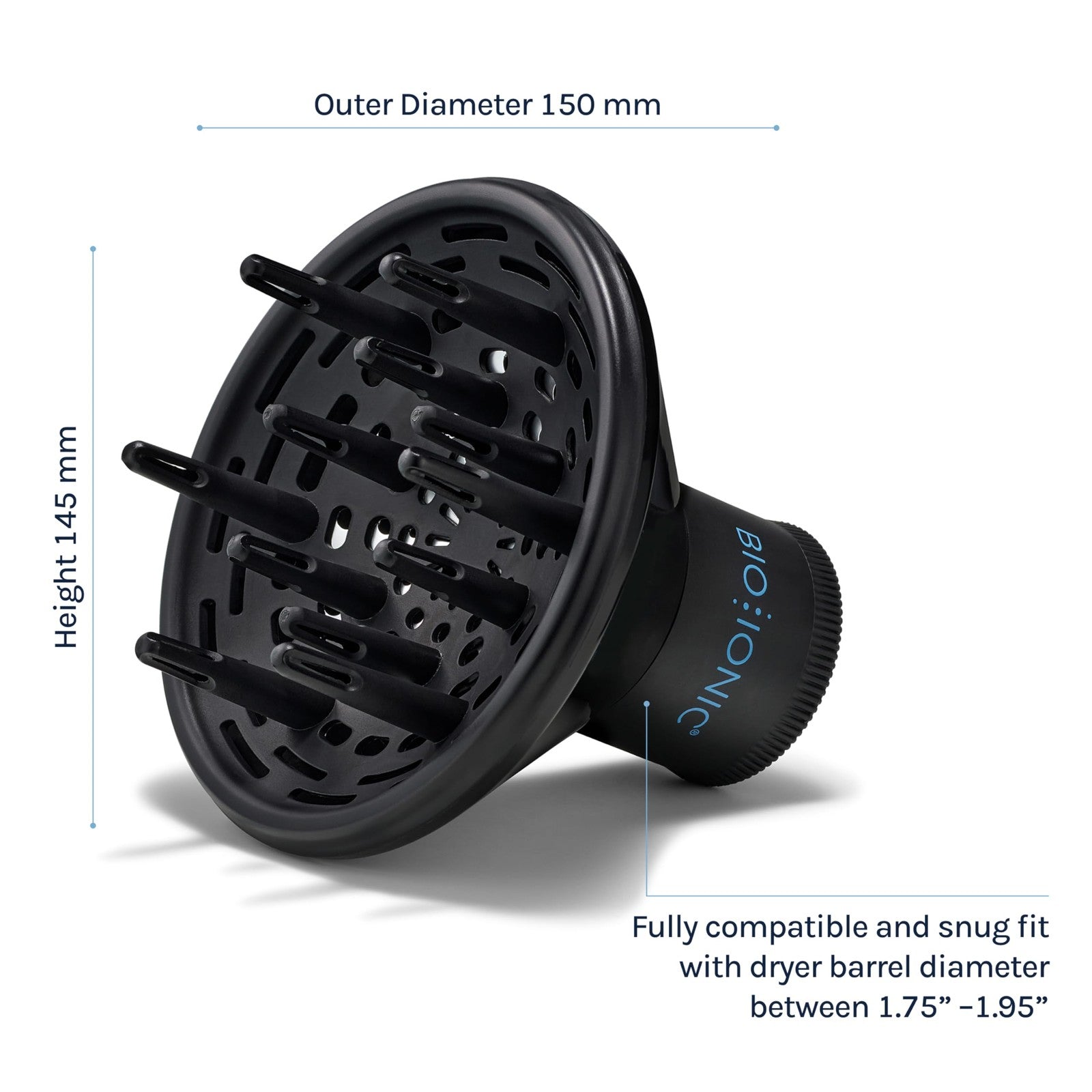 Bio Ionic universal diffuser attachment for fast-drying hair dryers, designed to reduce frizz and enhance hair volume.