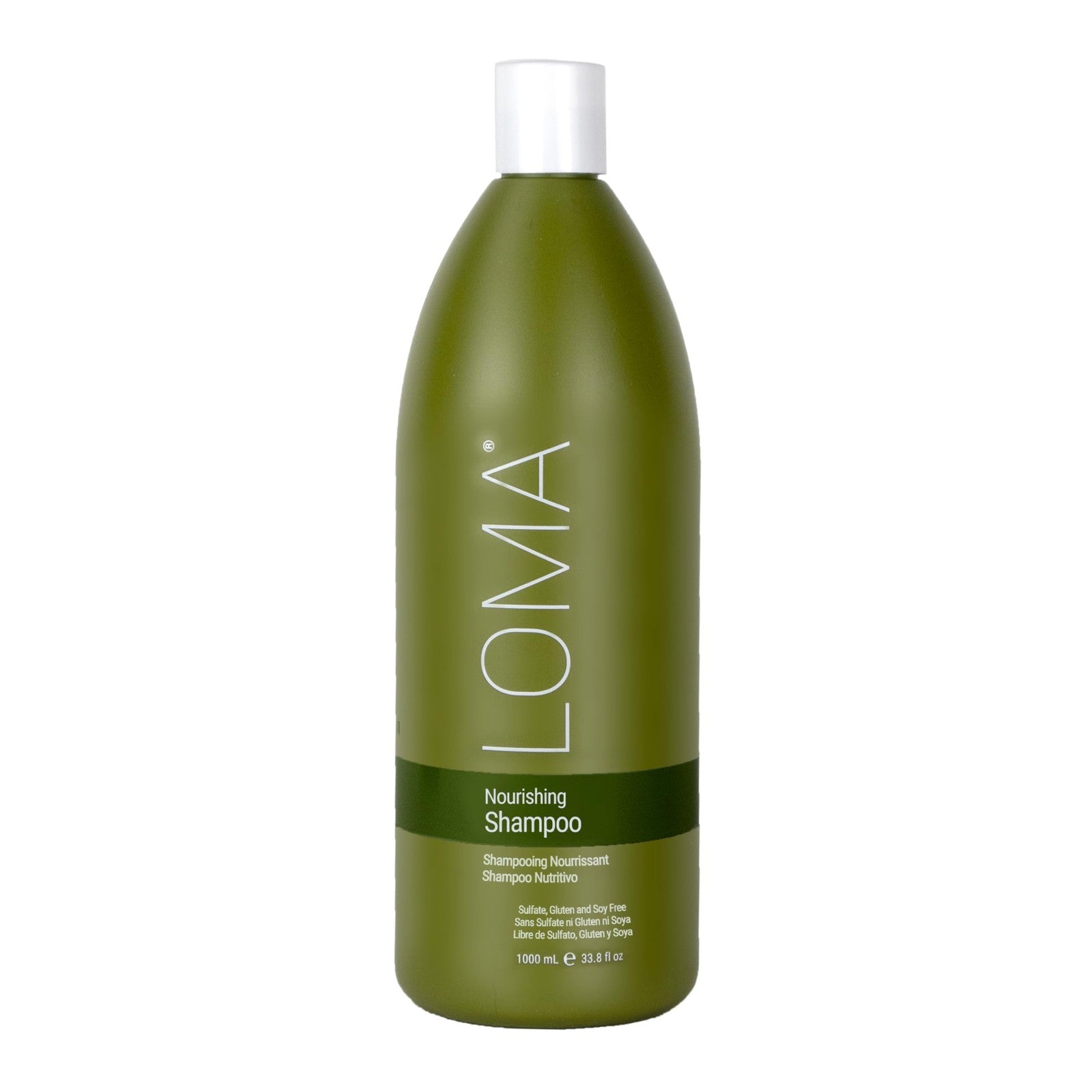 Loma Nourishing Shampoo 33 oz bottle, organic, sulfate, paraben, gluten-free hair care product with a sleek label design.