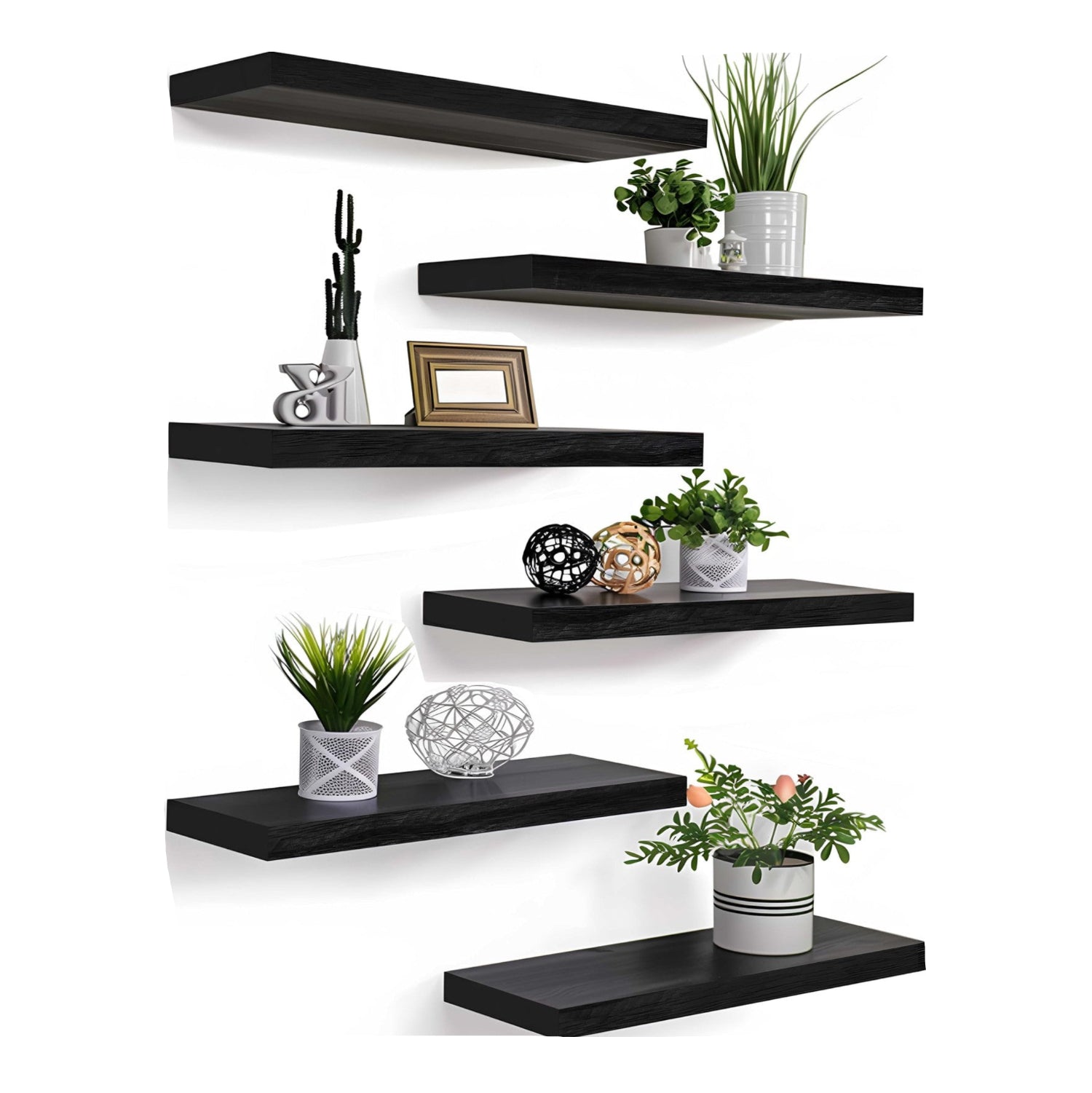 Set of 6 black PHPH wood floating shelves for bedroom, 17-inch wall-mounted storage and display units