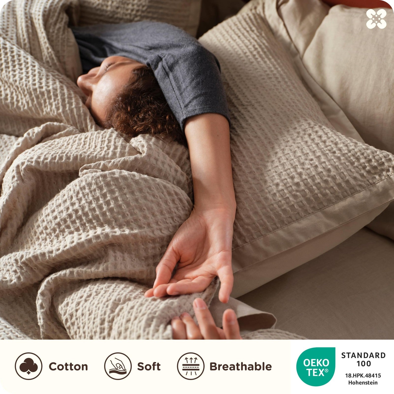 Bedsure twin cotton duvet cover in khaki with waffle weave texture, made from soft 100% cotton for cozy bedding.