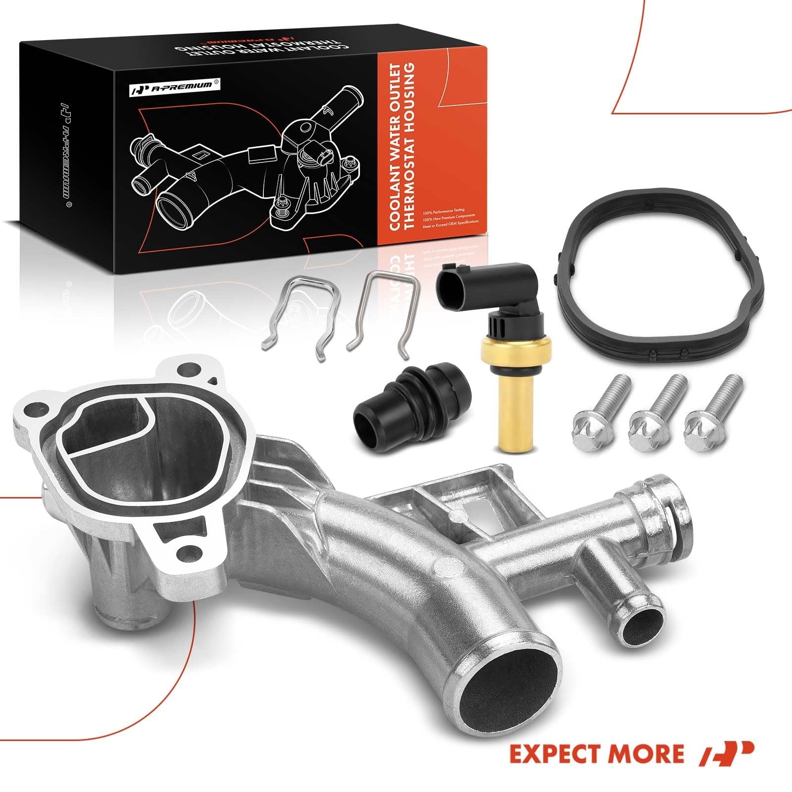 A-Premium aluminum coolant housing water outlet for Chevy Cruze Sonic Trax 1.4L engine, showing the metal component with mounting points.