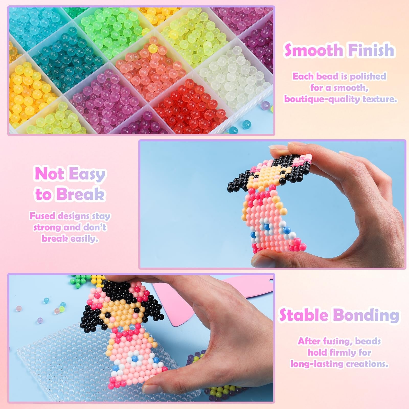 Liangding 9000-piece non-iron fuse beads kit with 72 colors, 5mm spray-activated beads and pegboard for DIY craft projects.
