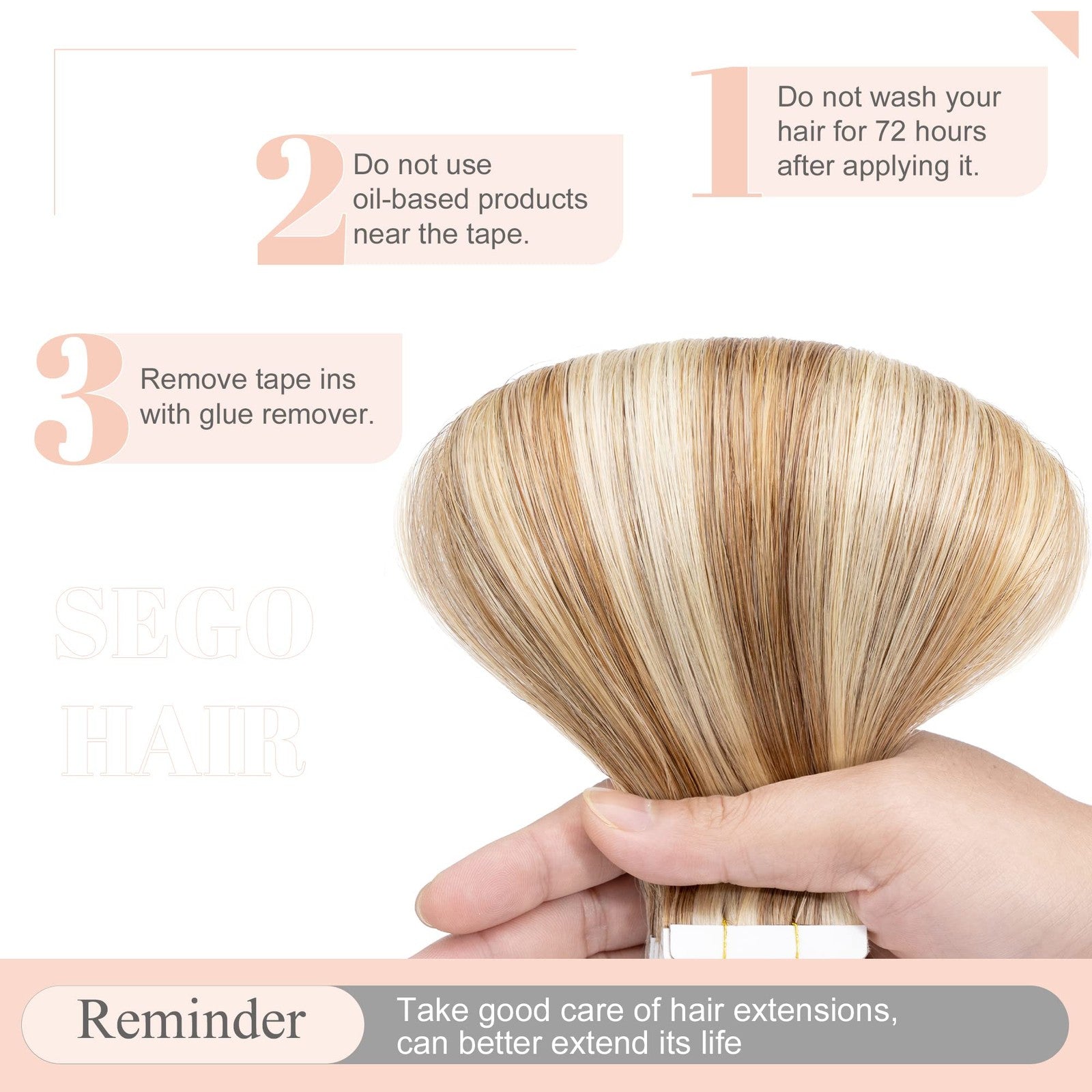 Blonde highlighted human hair Sego tape-in hair extensions in 20 pieces, 14 inches long, lightweight 40g for natural volume and length.