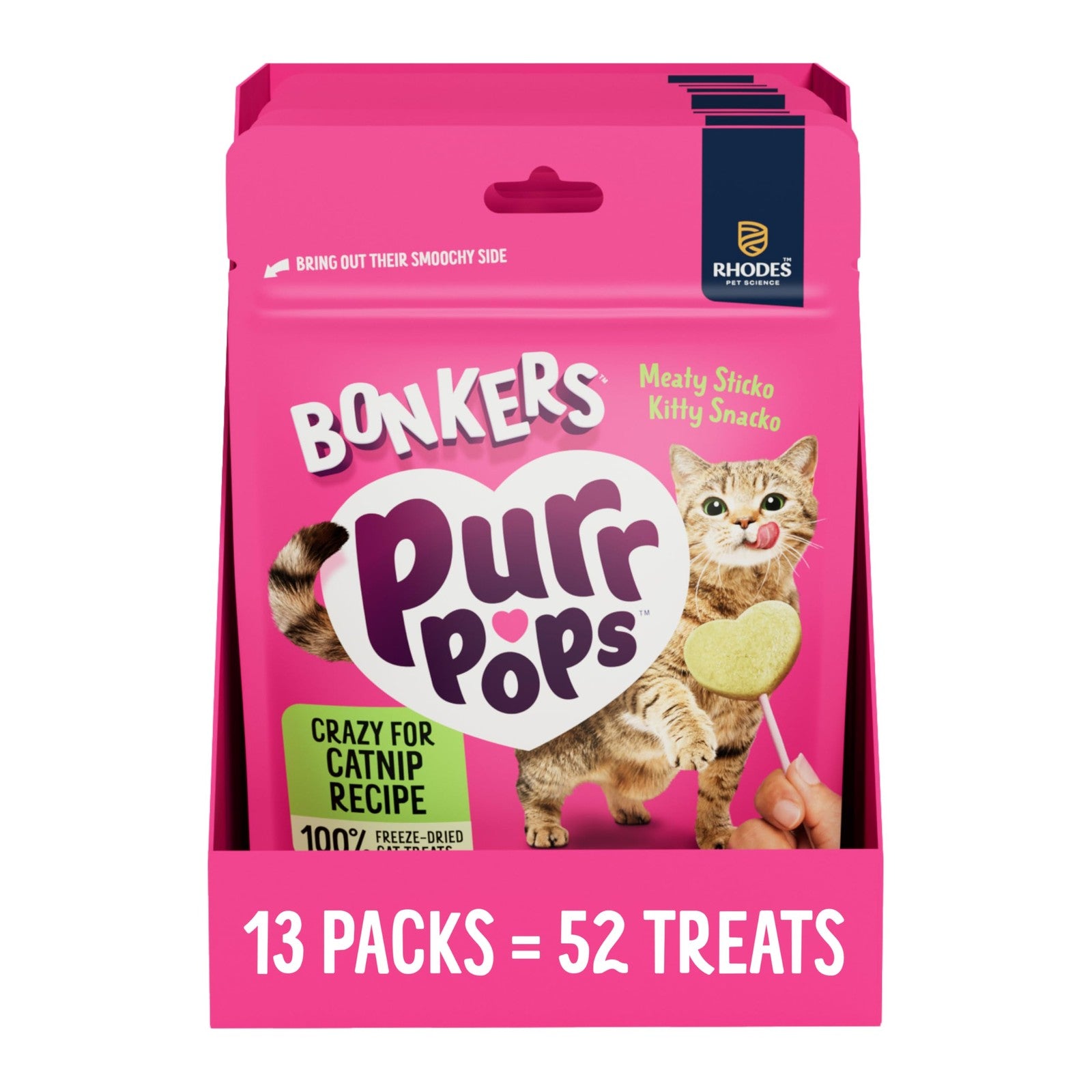 Bonkers Purrpops freeze-dried catnip flavor lollipop cat treats, 52-count box, featuring colorful packaging and treats for cats.