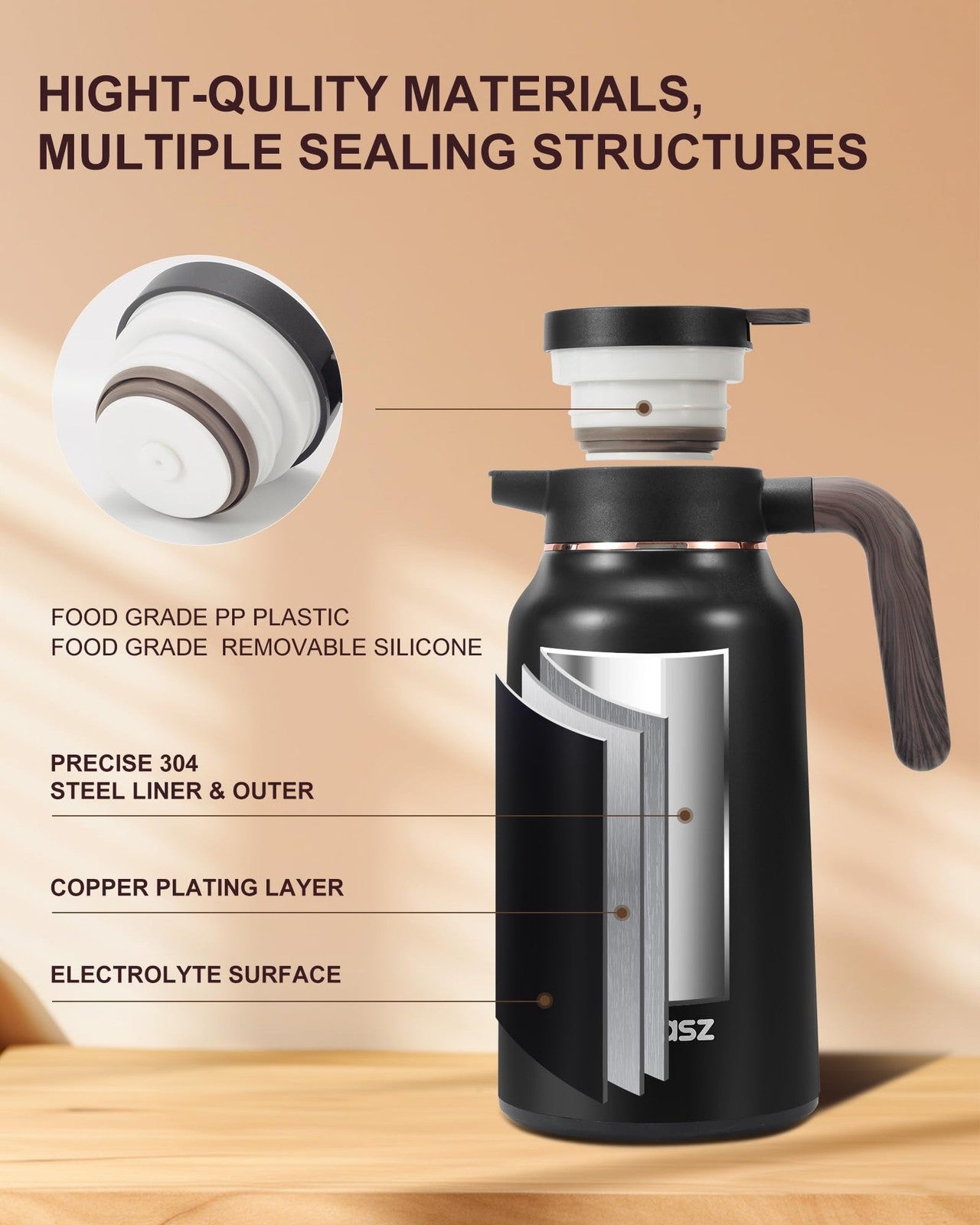Two stainless steel thermal coffee carafes by Tgvasz, 70 oz capacity, designed to keep coffee hot for 36 hours.
