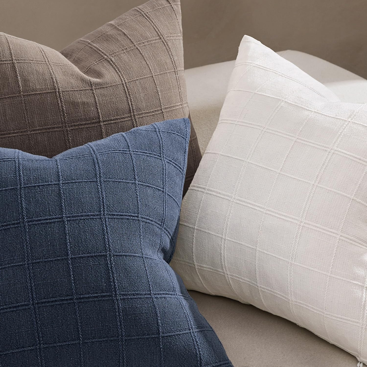 Dark blue linen check throw pillow cover by Woaboy, farmhouse modern boho vintage design with textured fabric and classic pattern.