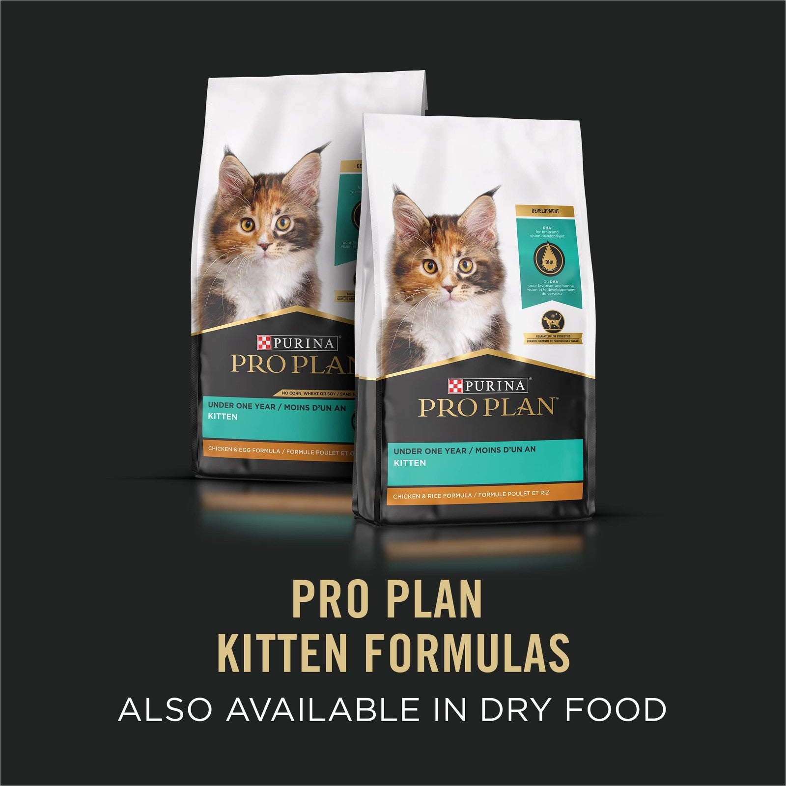 Cans of Purina Pro Plan Grain Free Wet Kitten Food Pate with Ocean Whitefish and Salmon, 24-pack, showing the feline meal inside.