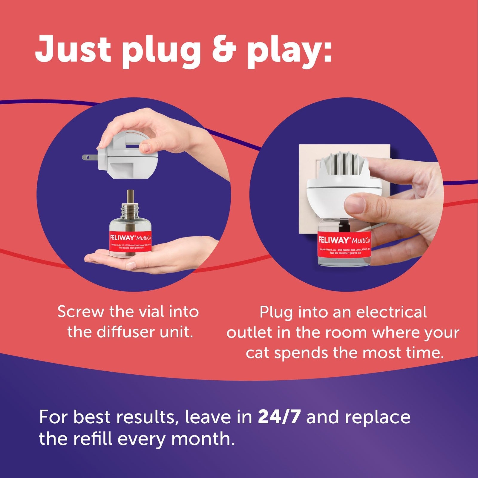 FELIWAY MultiCat calming pheromone diffuser with 2 refills for 60 days, designed to reduce stress in multi-cat households.