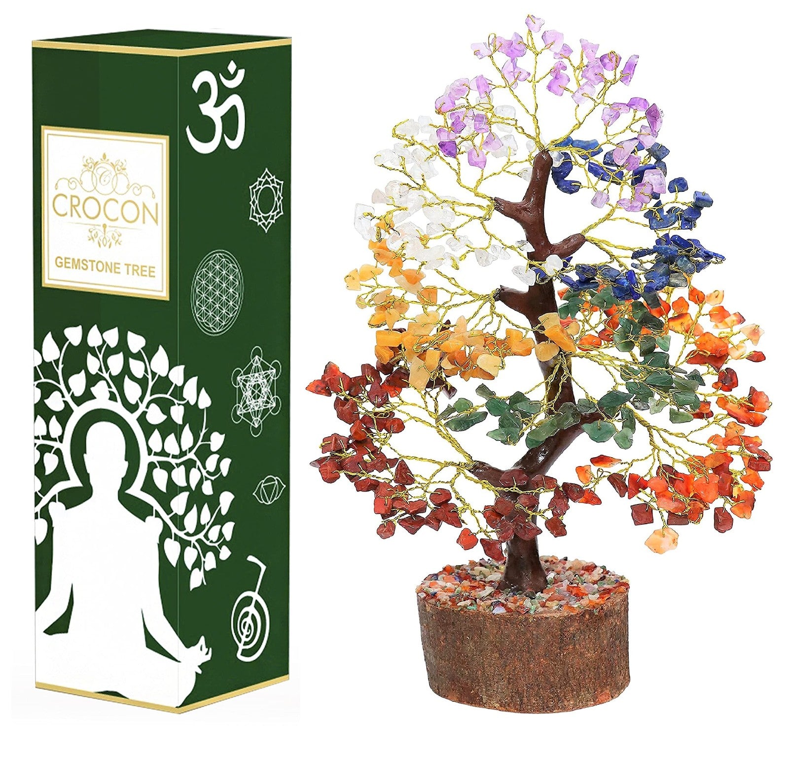 Crocon 7 Chakra Healing Crystal Tree of Life for room decor and Feng Shui, featuring colorful crystal branches and a wooden base.