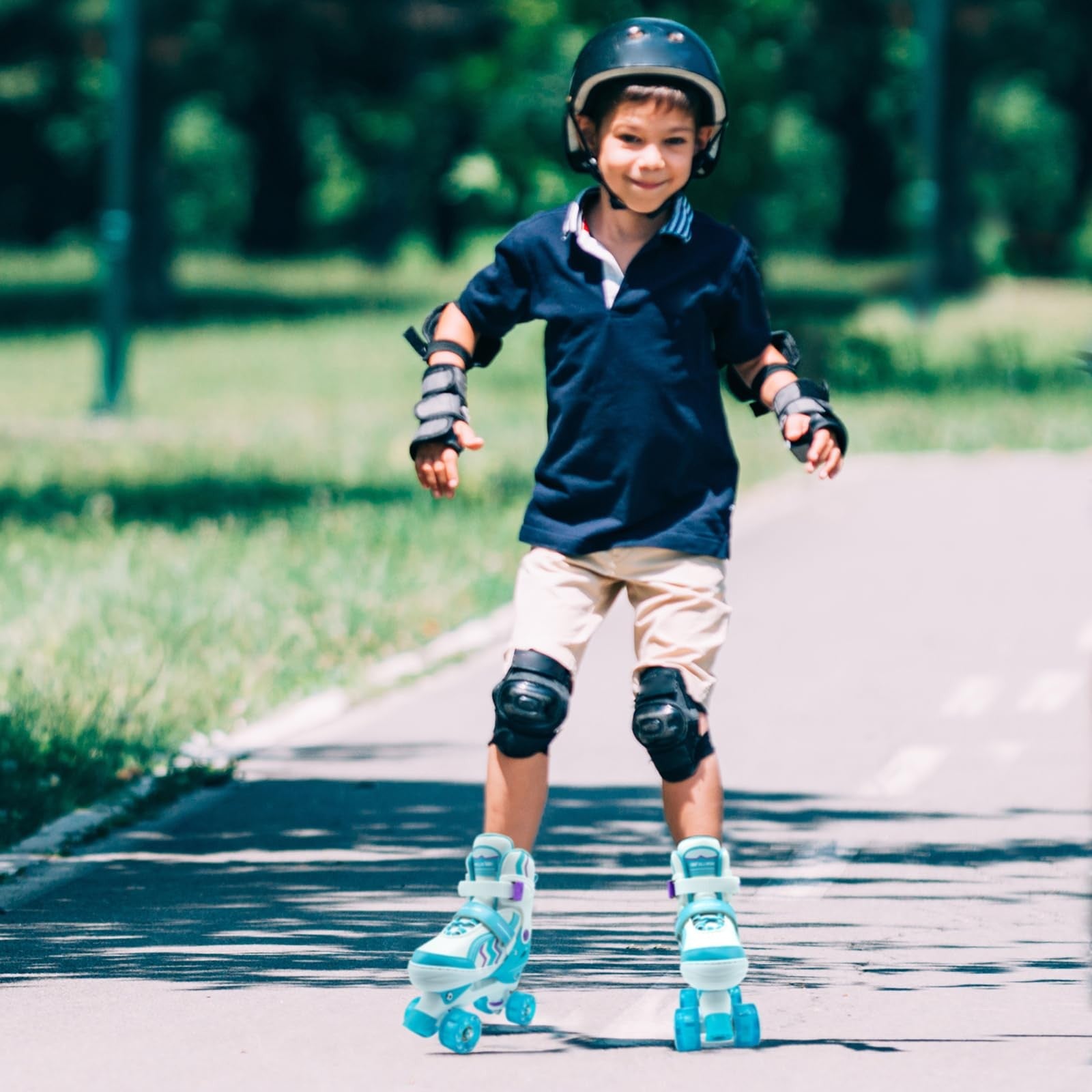 SMOOJOY kids roller skates for boys and girls, adjustable sky blue skate with secure straps and wheels for outdoor fun.