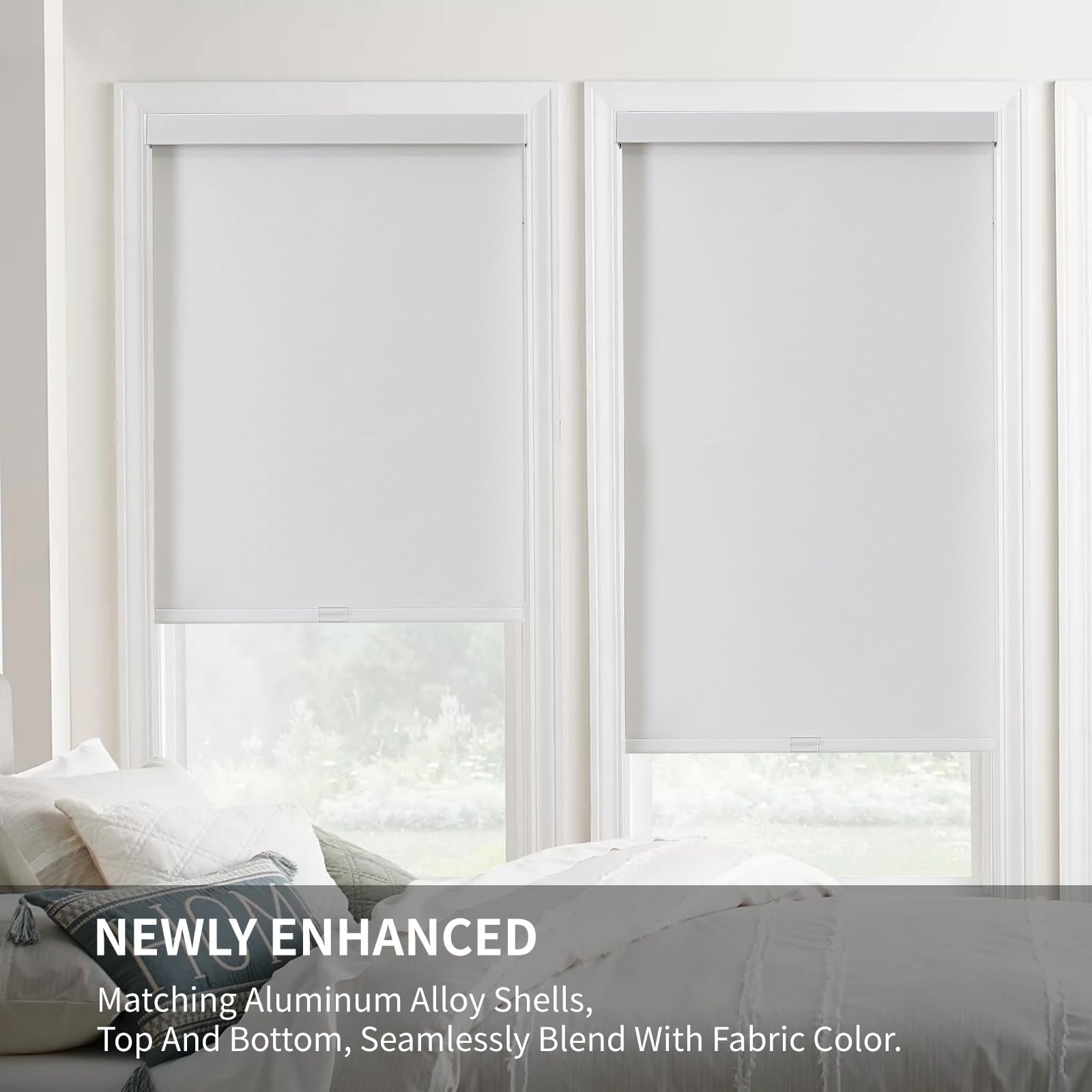 Joydeco 100% blackout roller shades for windows, cordless and free-stop design, providing complete darkness and modern style.