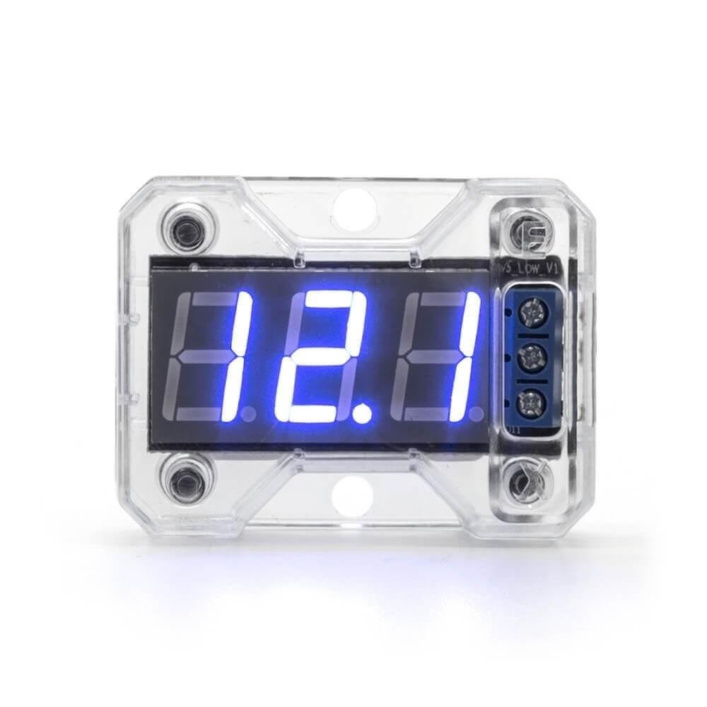 Expert VEX1.0 compact vehicle voltmeter displaying a black digital screen measuring 8 to 16.5 volts for DC vehicles.