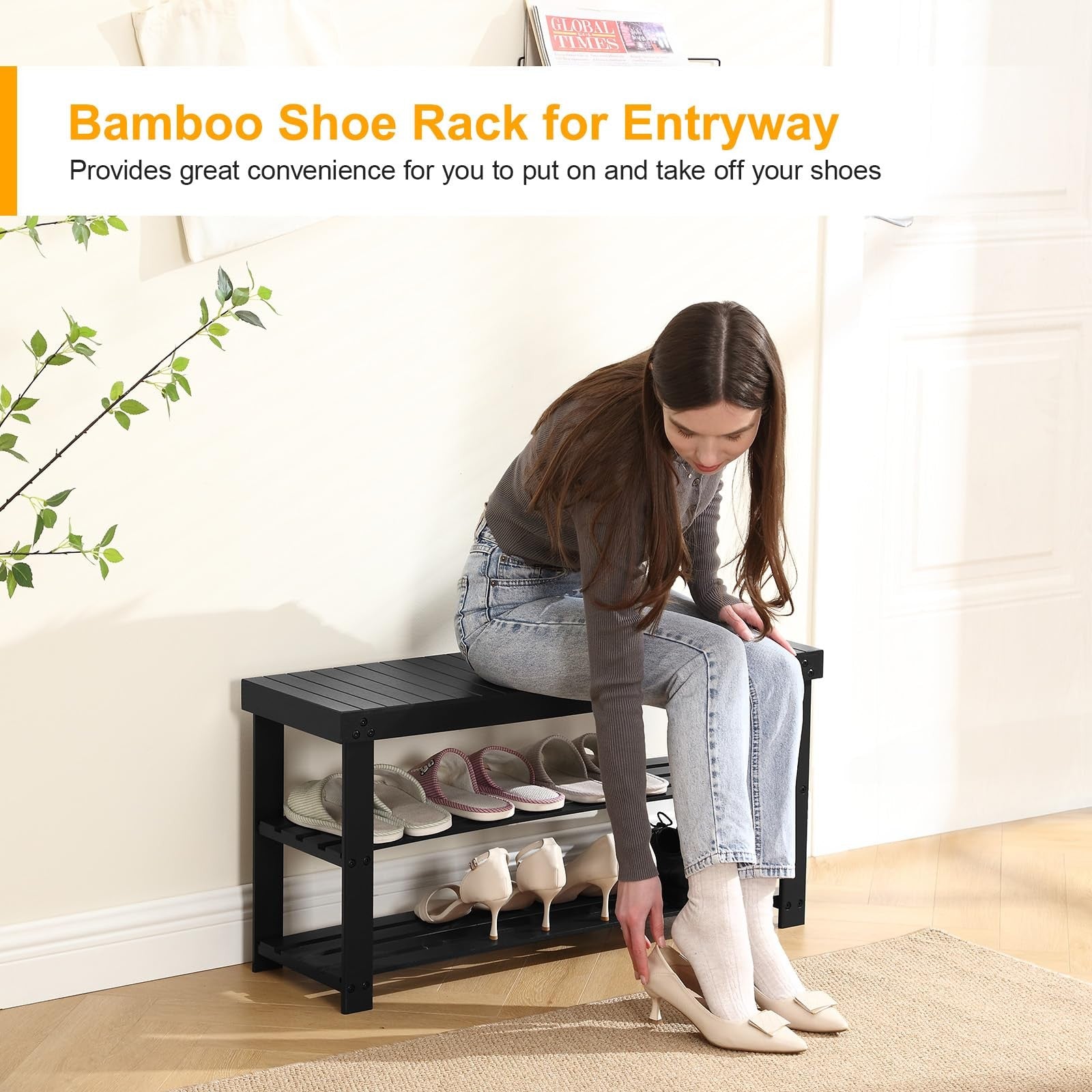 Apicizon 3-tier bamboo shoe rack bench in black with storage compartments, ideal for entryway organization, 35.4 inches long.