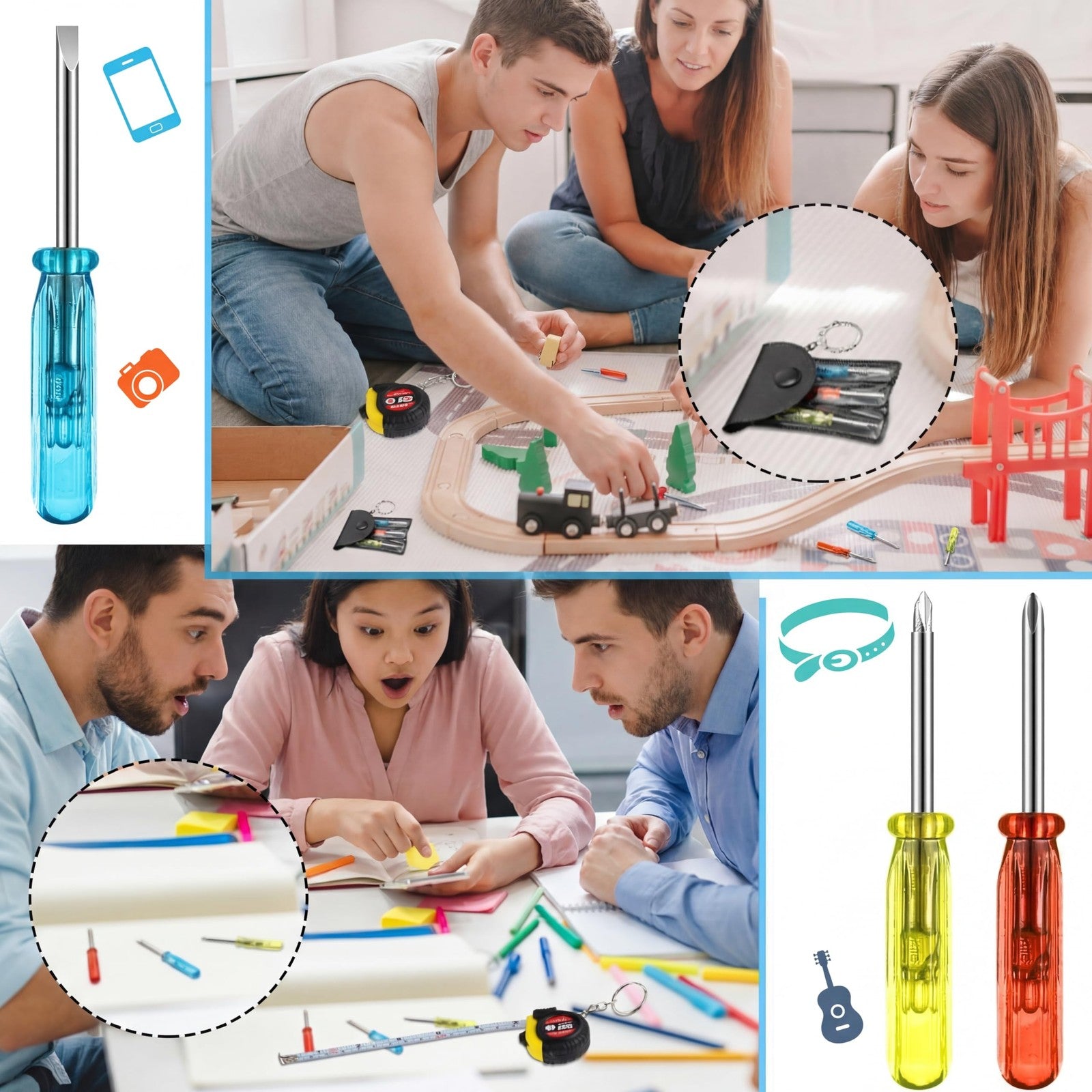 Jutom mini tape measure and screwdriver keychain set attached to construction helmet, compact tools in a bulk package.