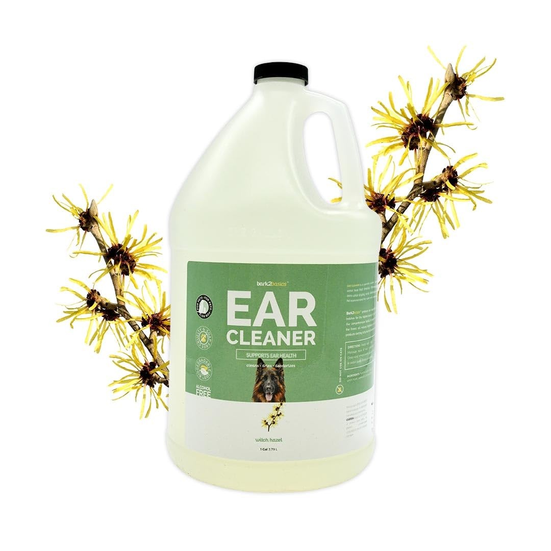 Bark2Basics dog ear cleaner in a gallon bottle with natural witch hazel and aloe, gentle for pet ear hygiene.