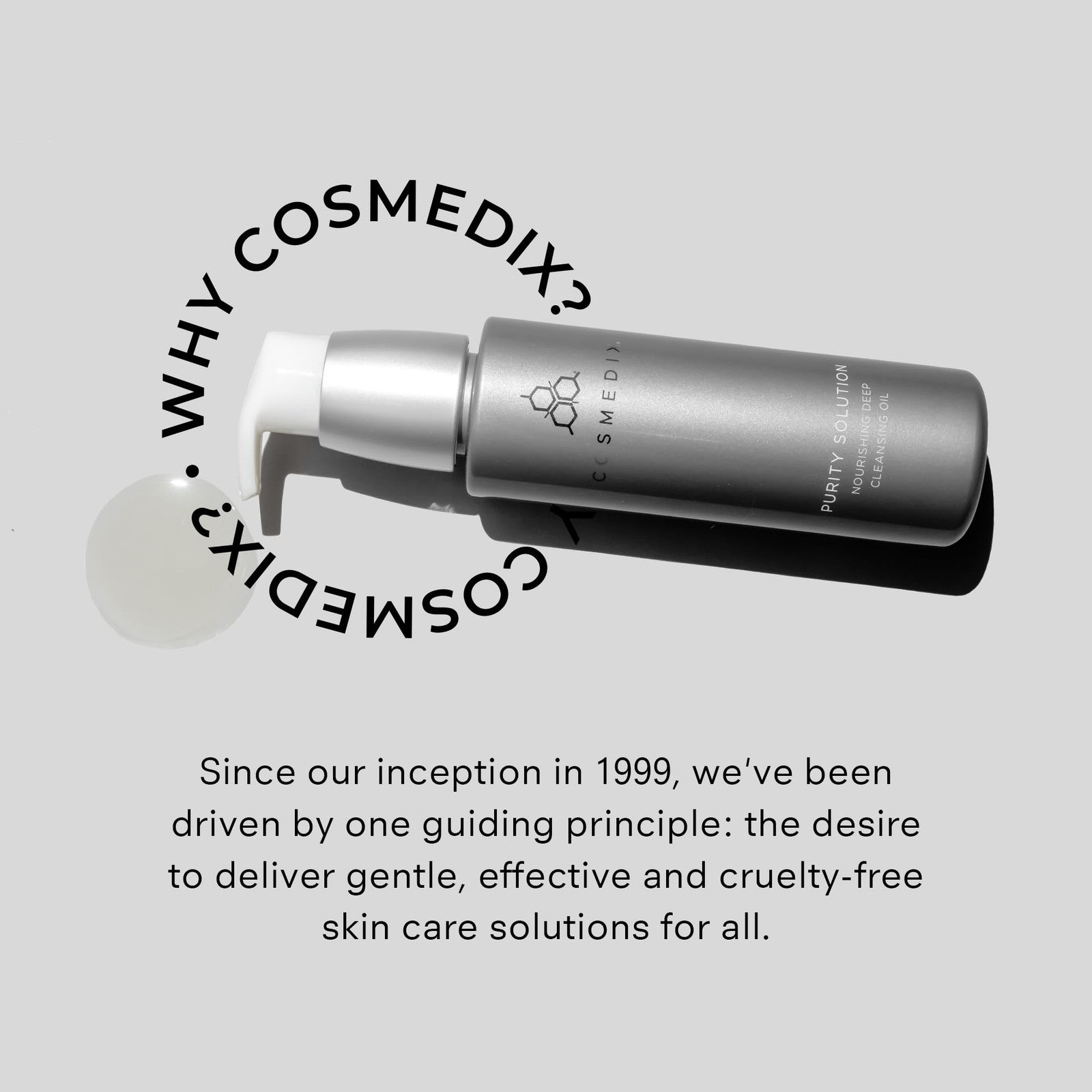 COSMEDIX Purity Solution Cleansing Oil bottle showing the label and a pump dispenser, ideal for makeup removal and facial hydration.