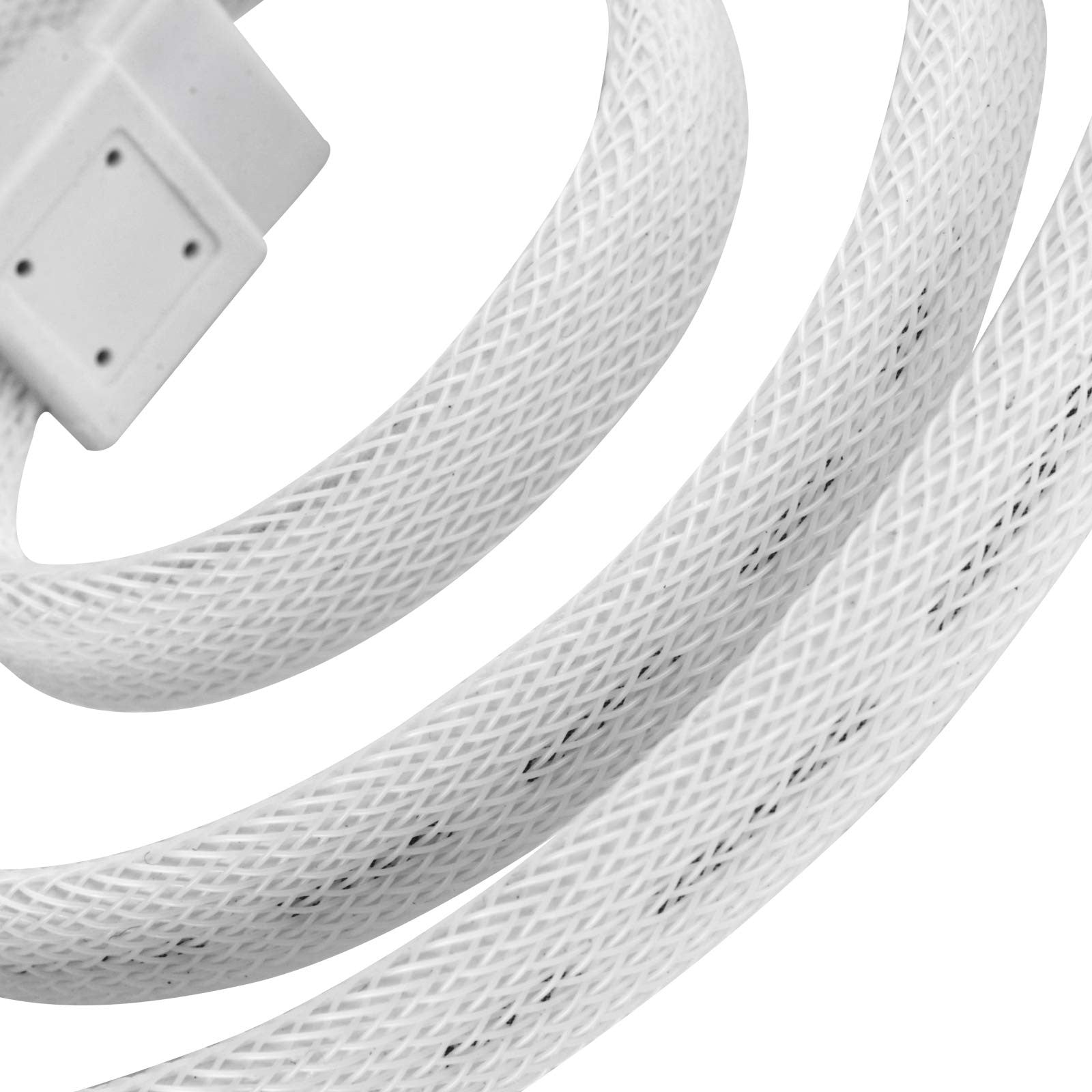SilverStone SATA 3 CP07W white sleeved cable with EMI guard, designed for 6Gb/s data transfer, visible with white sleeving and connectors.