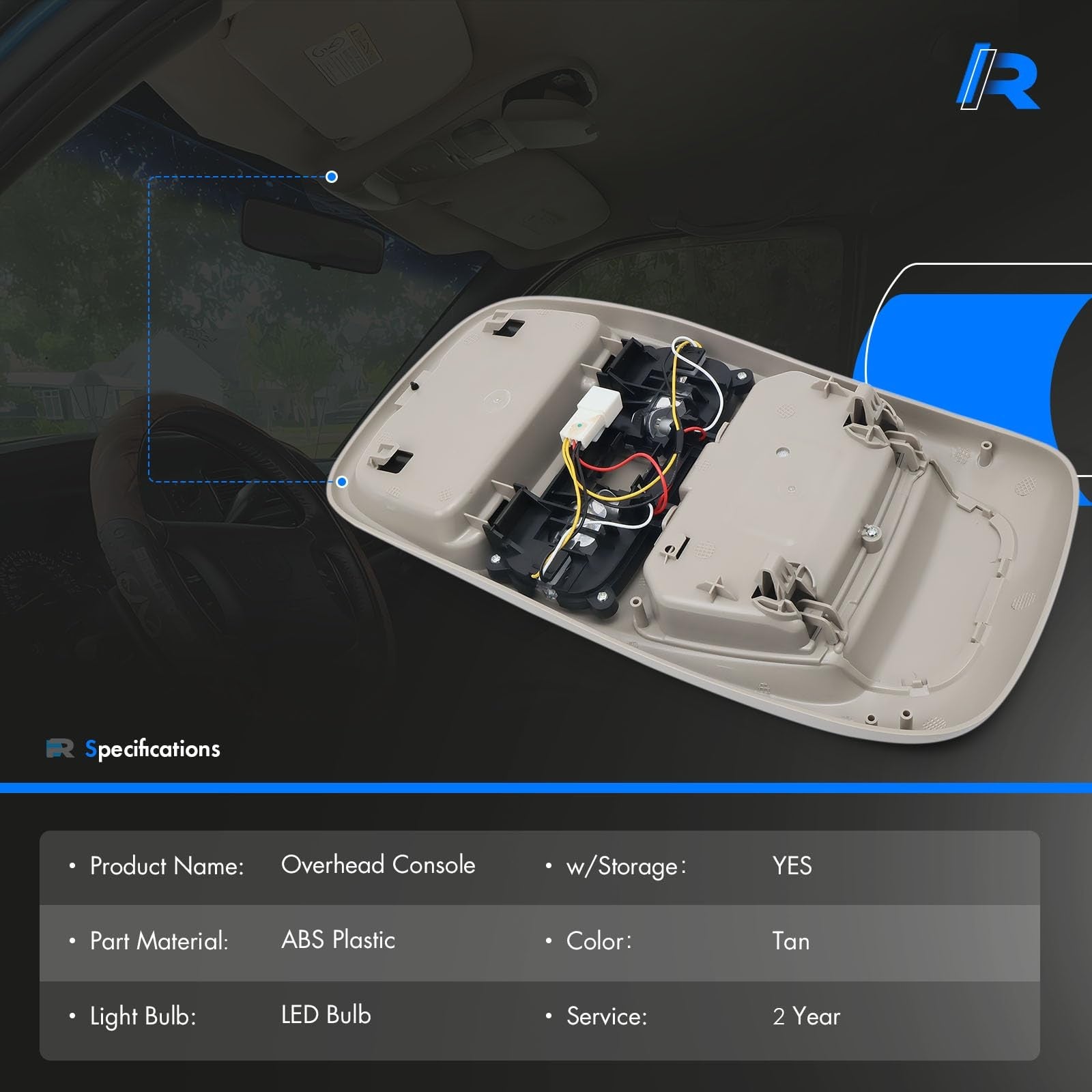 LED overhead console assembly for Dodge Ram 1500-3500 1998-2002 cab interior, RHAOCZIYAUTO brand, showing the installed overhead light unit.