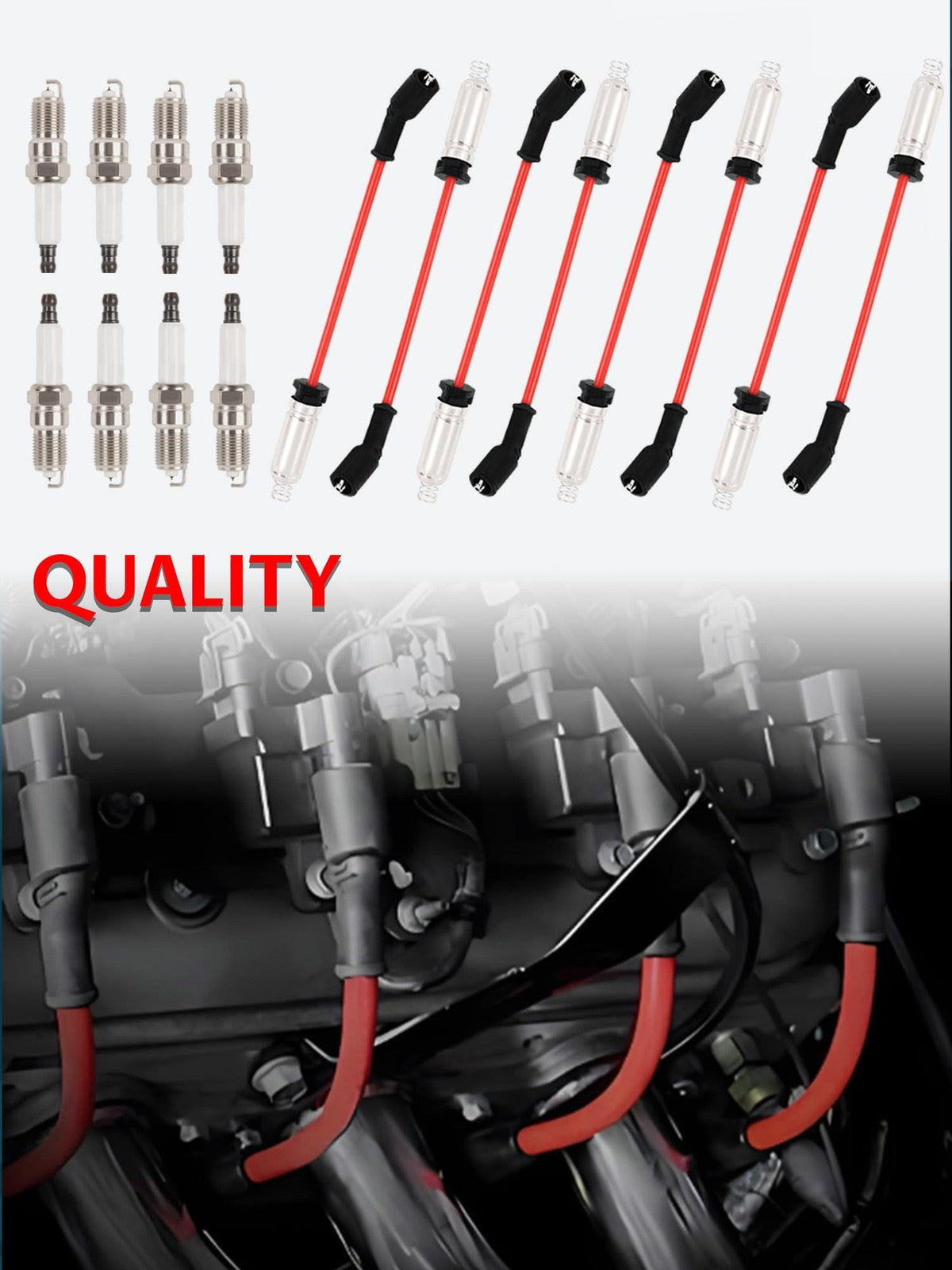 Ntoauto 9748HH 10mm spark plug wires with heat shields and 41-962 iridium platinum spark plug installed in engine.