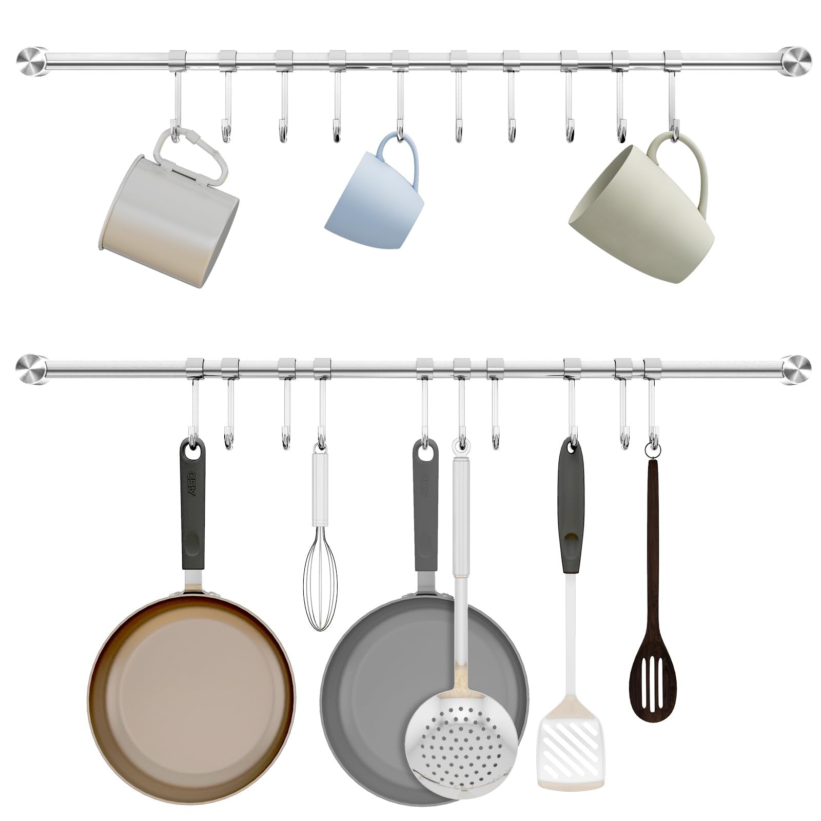 Audmore stainless steel kitchen utensil rack, 20.9 inch wall-mounted organizer with lid holder in a modern kitchen setting.